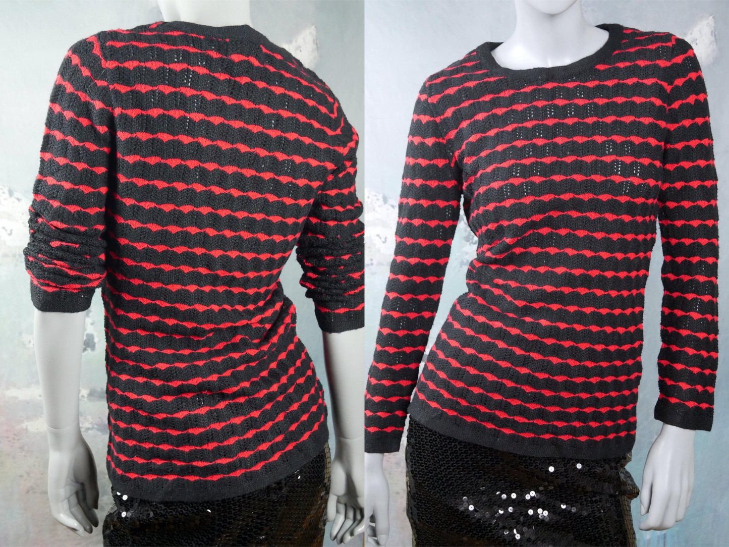 1970s Jantzen Women's Knit Sweater | Red Black Horizontal Wave Stripes | Small