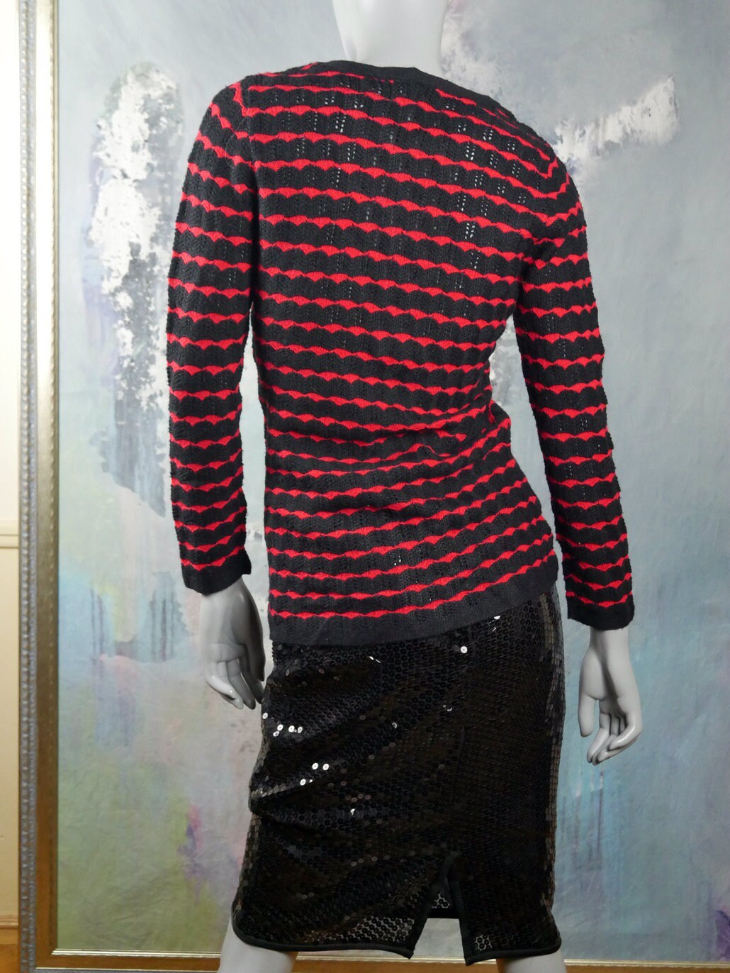1970s Jantzen Women's Knit Sweater | Red Black Horizontal Wave Stripes | Small