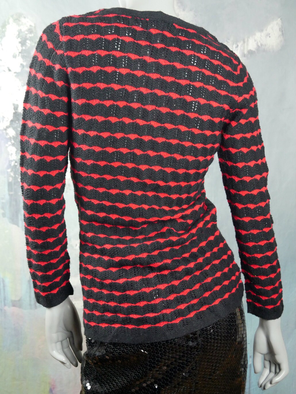 1970s Jantzen Women's Knit Sweater | Red Black Horizontal Wave Stripes | Small