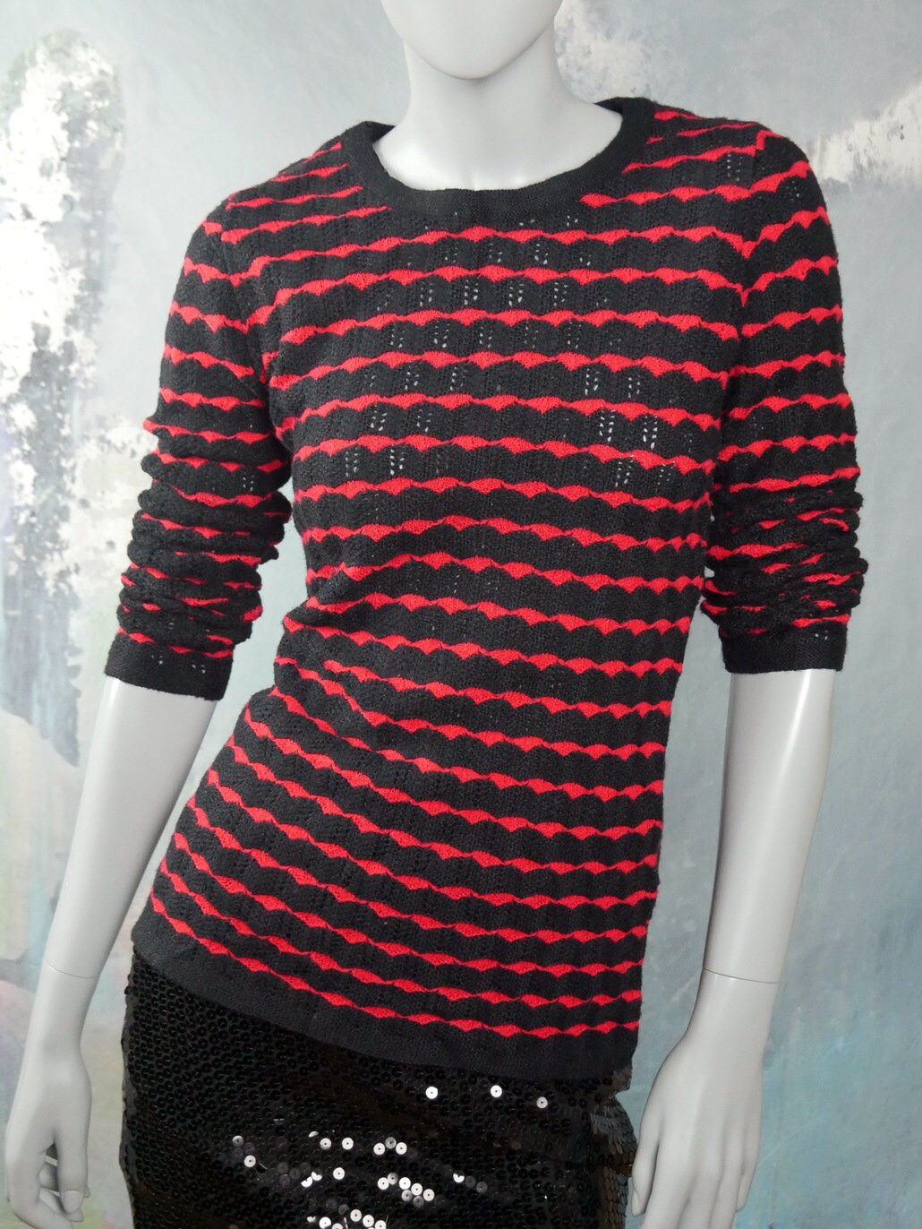 1970s Jantzen Women's Knit Sweater | Red Black Horizontal Wave Stripes | Small