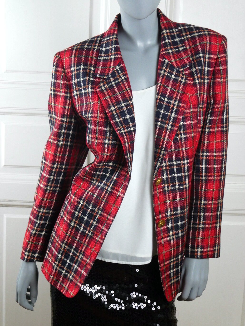 Women's 1980s Vintage Plaid Blazer | French Red Black & White Long Wool Jacket | Large