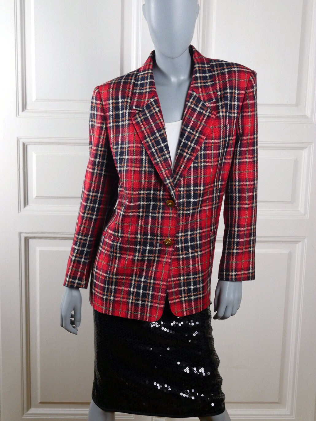 Women's 1980s Vintage Plaid Blazer | French Red Black & White Long Wool Jacket | Large