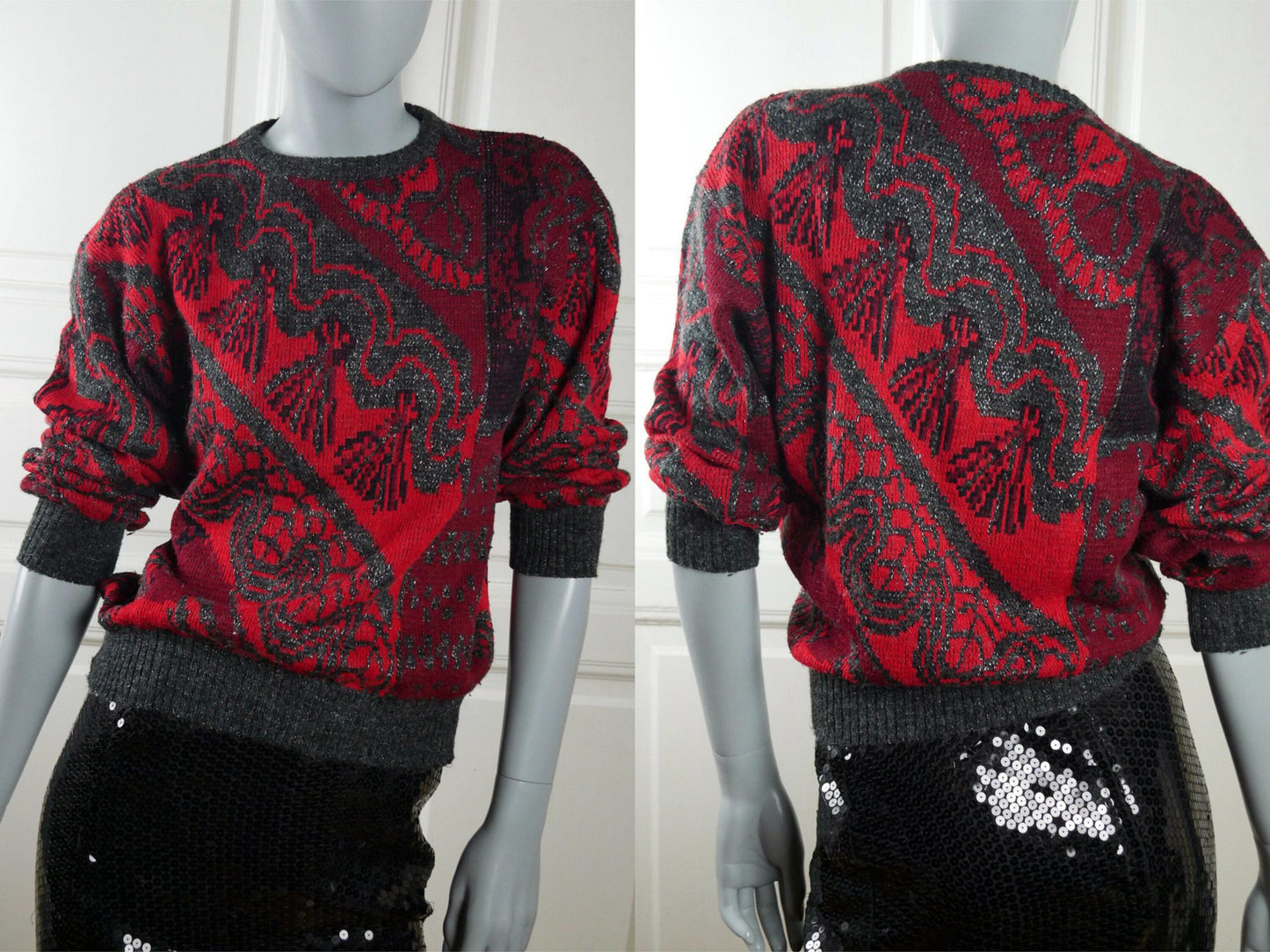 1980s Knit Sweater | Red & Gray with Silver Metallic Threading | Medium