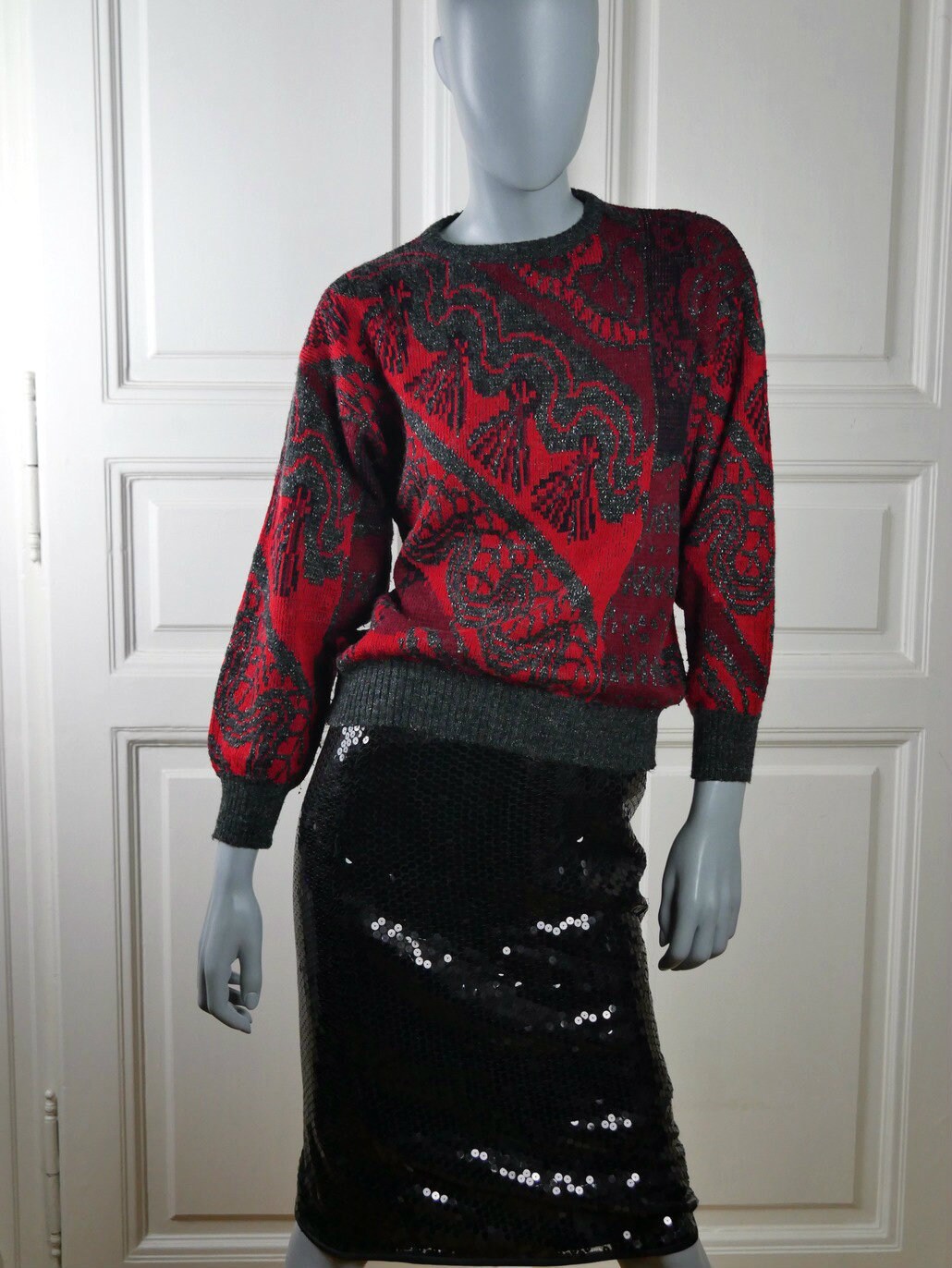 1980s Knit Sweater | Red & Gray with Silver Metallic Threading | Medium