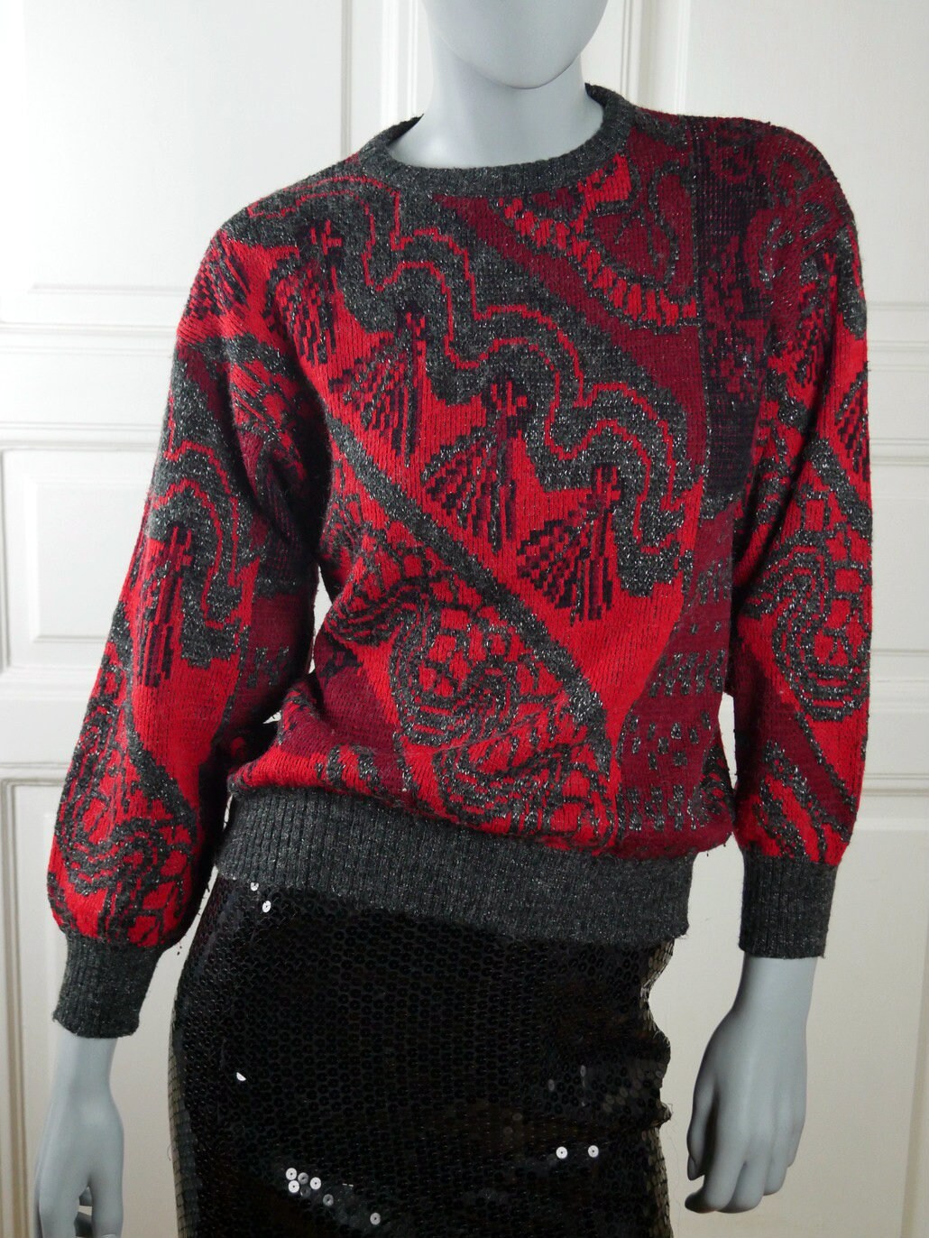 1980s Knit Sweater | Red & Gray with Silver Metallic Threading | Medium
