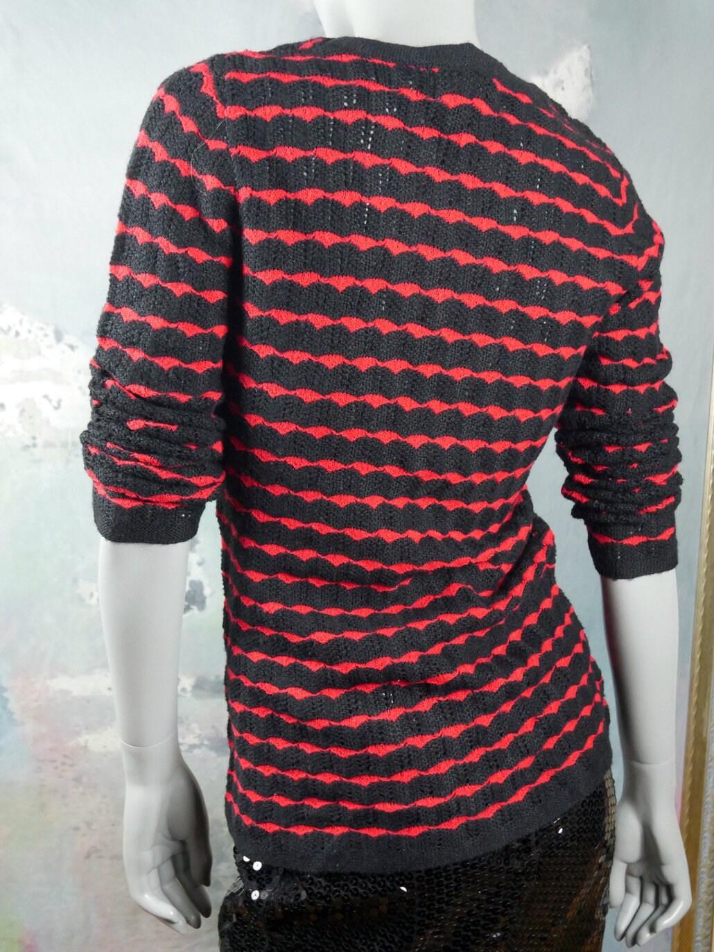 1970s Jantzen Women's Knit Sweater | Red Black Horizontal Wave Stripes | Small