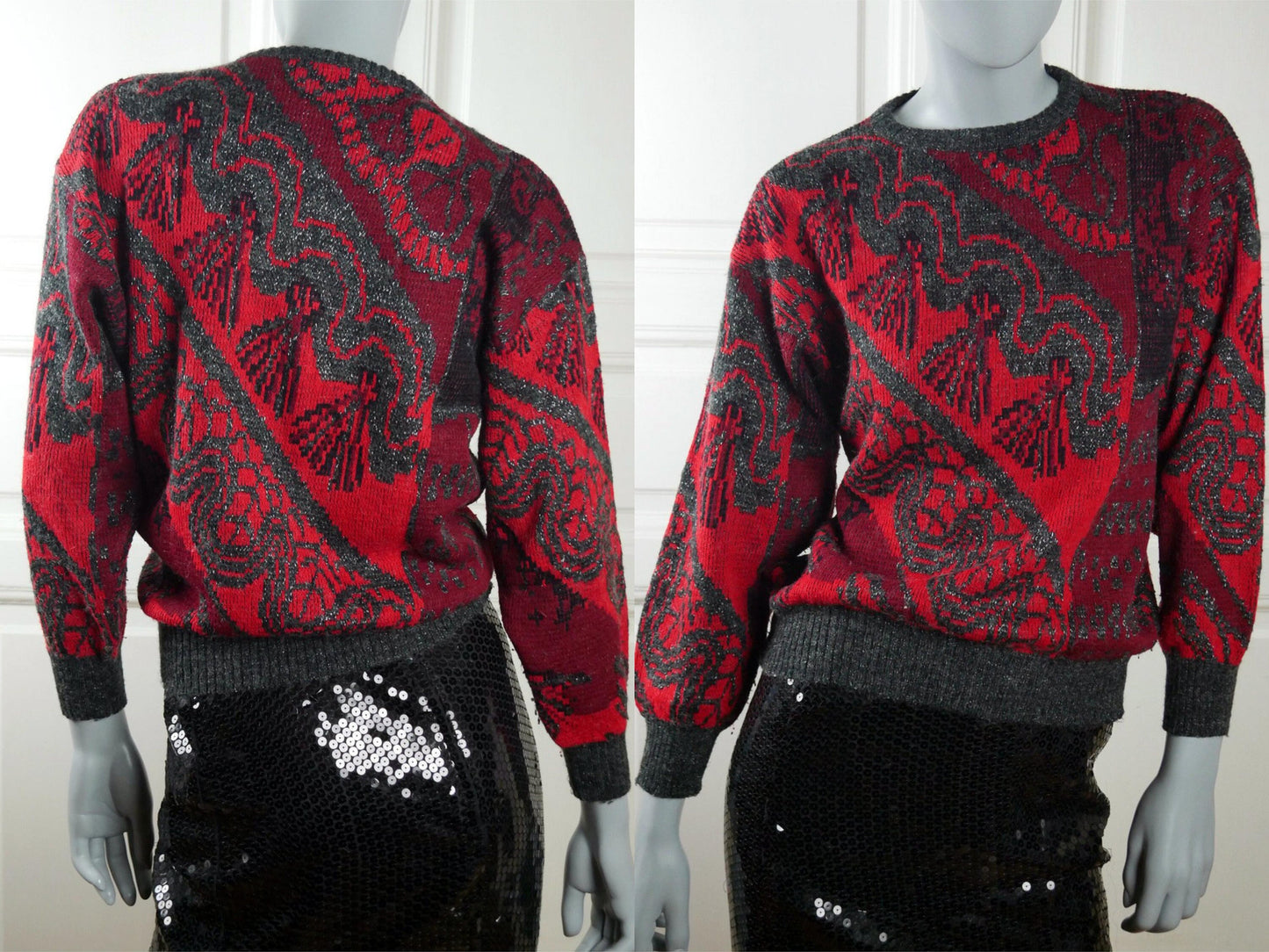 1980s Knit Sweater | Red & Gray with Silver Metallic Threading | Medium