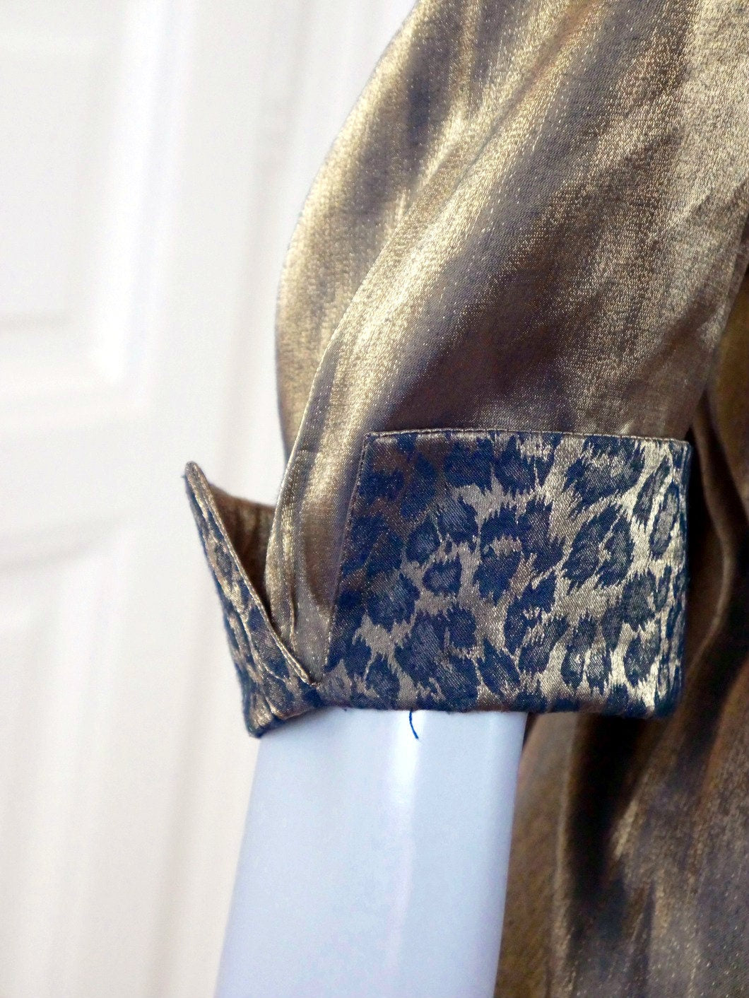 1980s Dark Gold Silk Blouse | Short Sleeve Top with Leopard Print Accents | Large