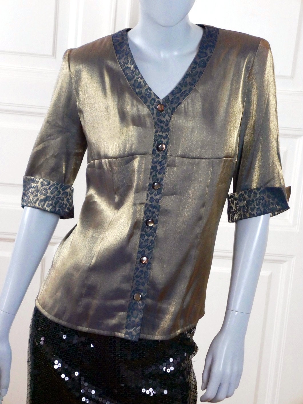 1980s Dark Gold Silk Blouse | Short Sleeve Top with Leopard Print Accents | Large