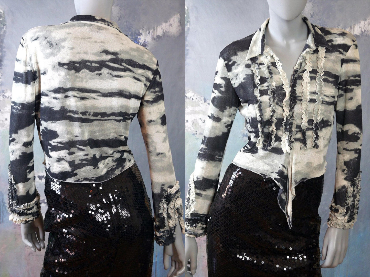 Vintage Black & White Blouse | 1990s SpanishAbstract Ruffle Top| Medium