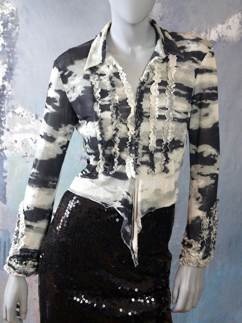 Vintage Black & White Blouse | 1990s SpanishAbstract Ruffle Top| Medium