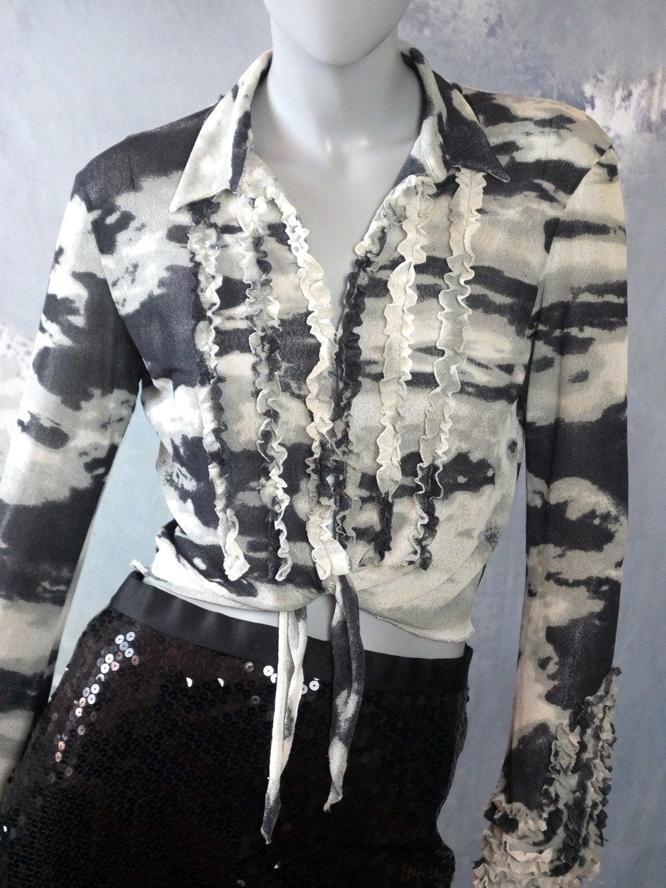 Vintage Black & White Blouse | 1990s SpanishAbstract Ruffle Top| Medium