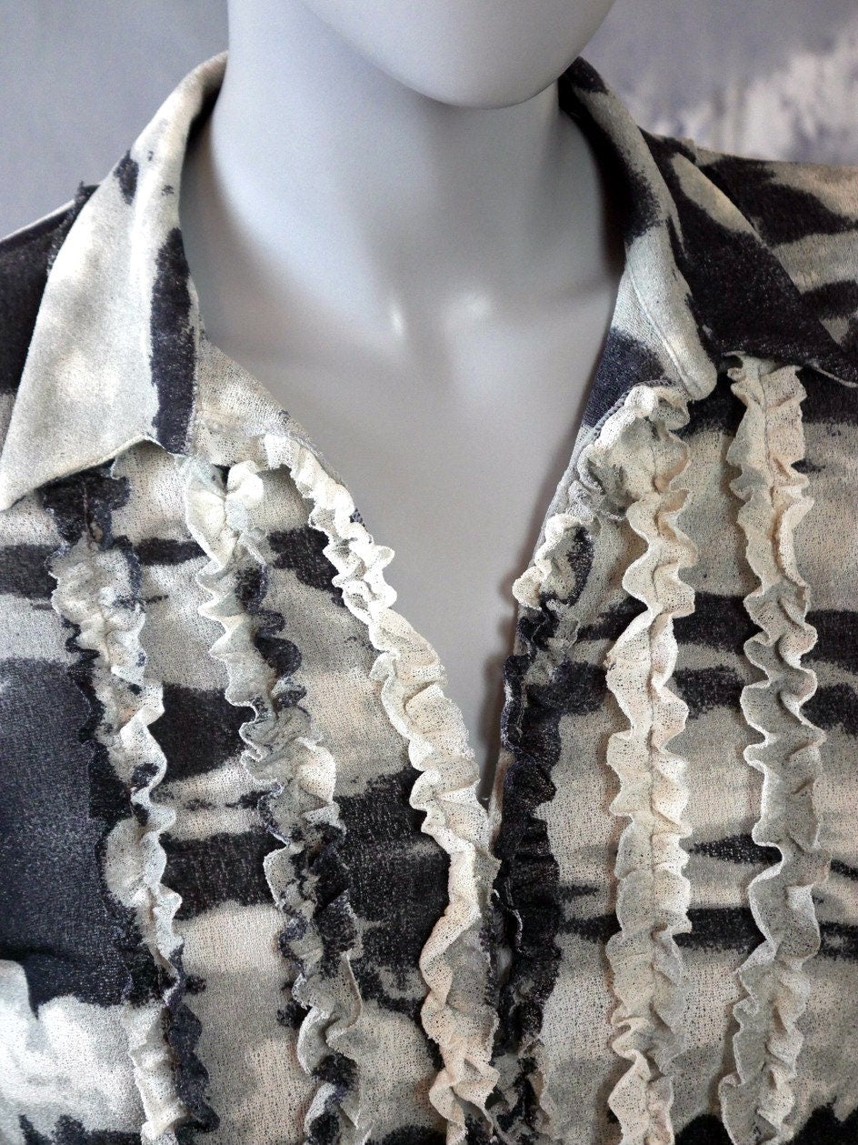 Vintage Black & White Blouse | 1990s SpanishAbstract Ruffle Top| Medium