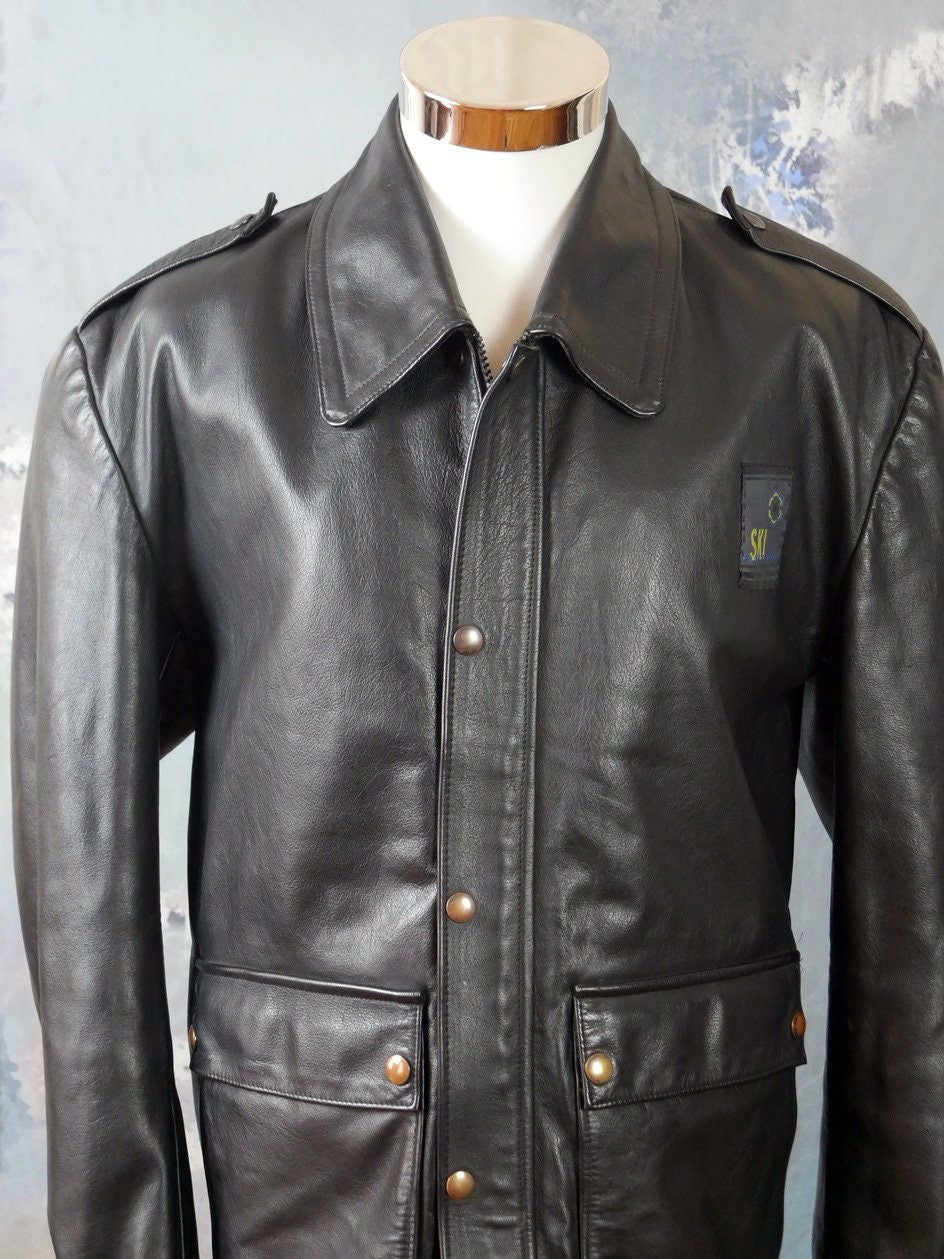 Vintage Black Leather Jacket, 1980s Retro Ski Patrol Police Style | Size Large