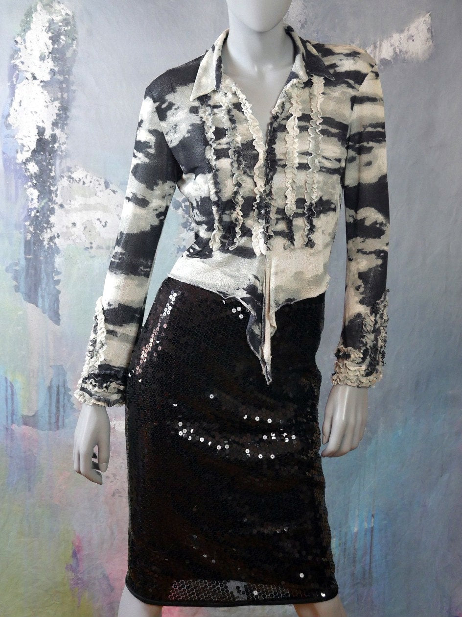 Vintage Black & White Blouse | 1990s SpanishAbstract Ruffle Top| Medium