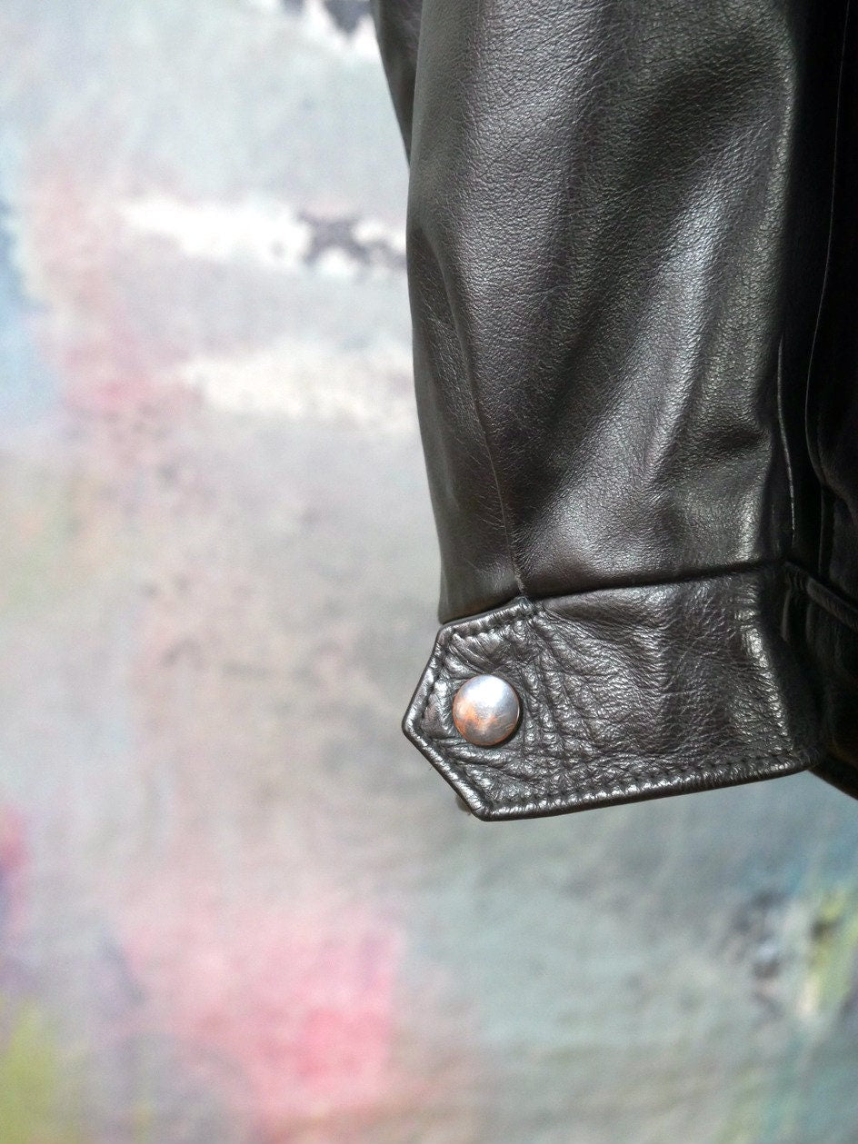 Vintage Black Leather Jacket, 1980s Retro Ski Patrol Police Style | Size Large
