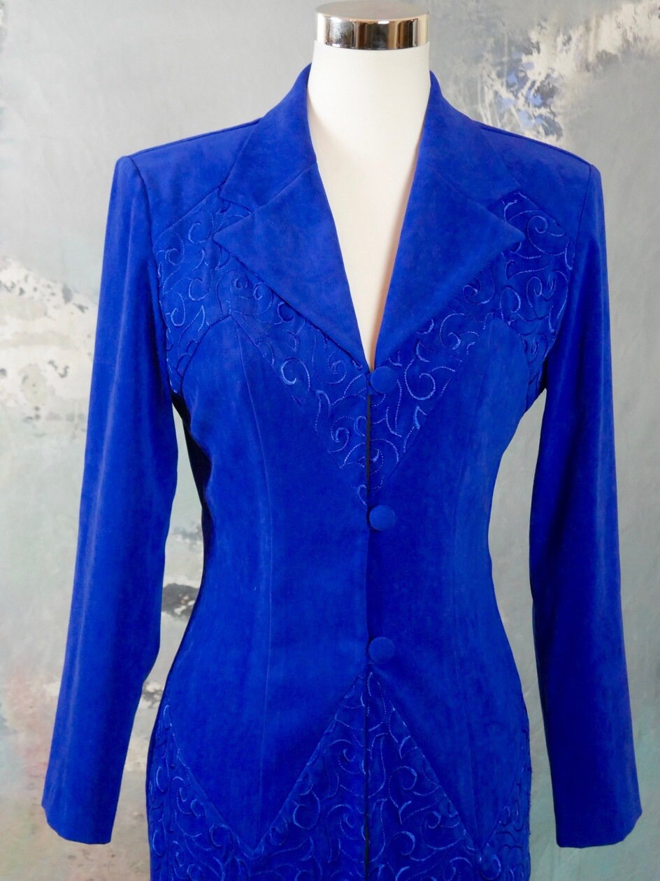 1990s Royal Blue Velour Blazer | Canadian Vintage Elegant Long Evening Jacket | Small