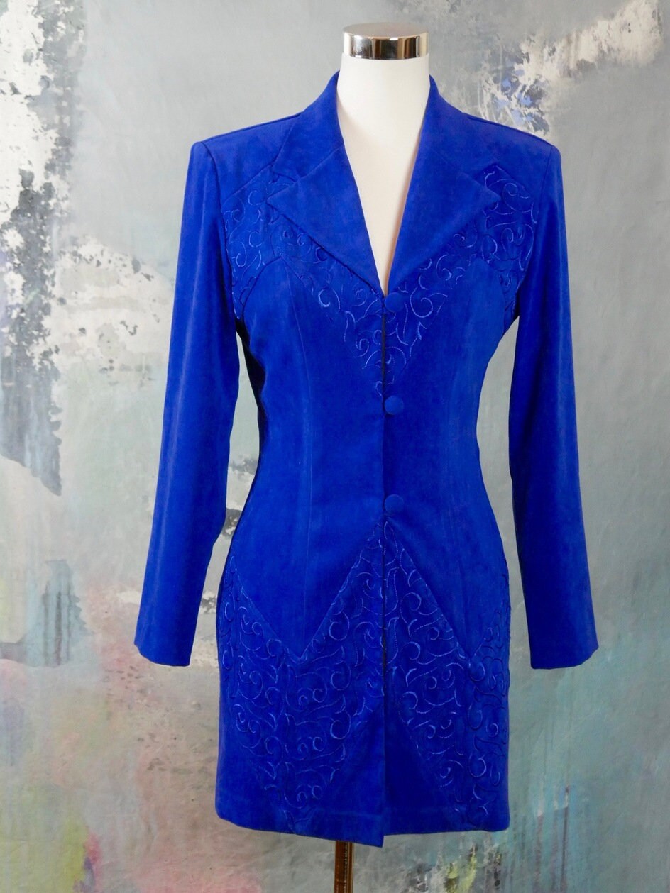 1990s Royal Blue Velour Blazer | Canadian Vintage Elegant Long Evening Jacket | Small