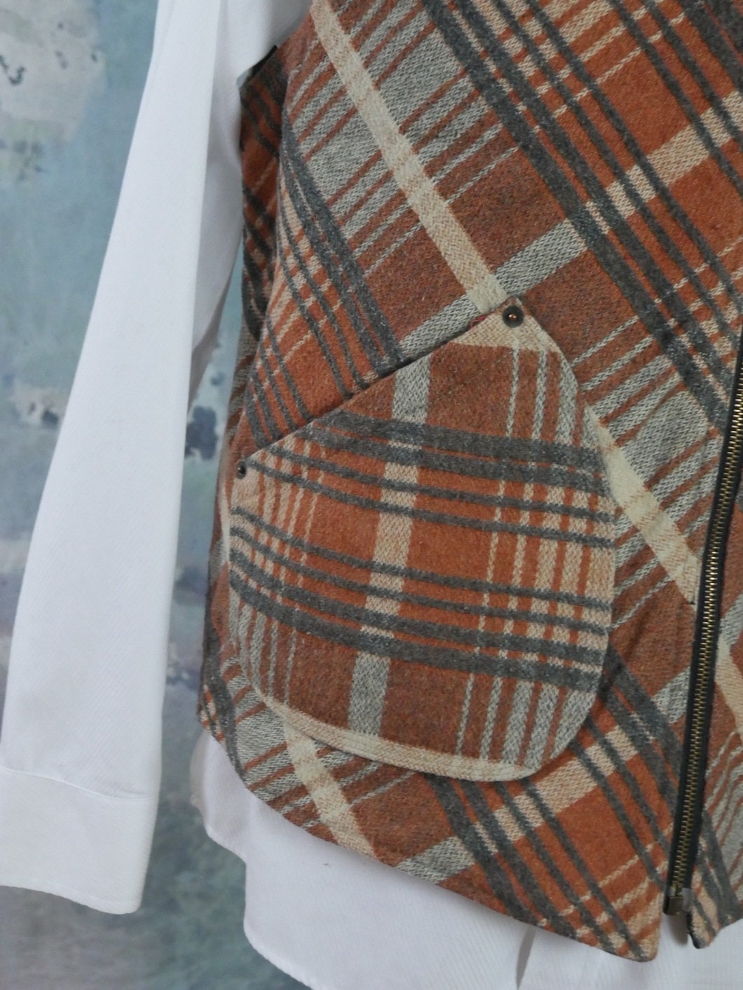 1980s Wool Vest | Vintage Rust Beige & Gray Wool Plaid | Large