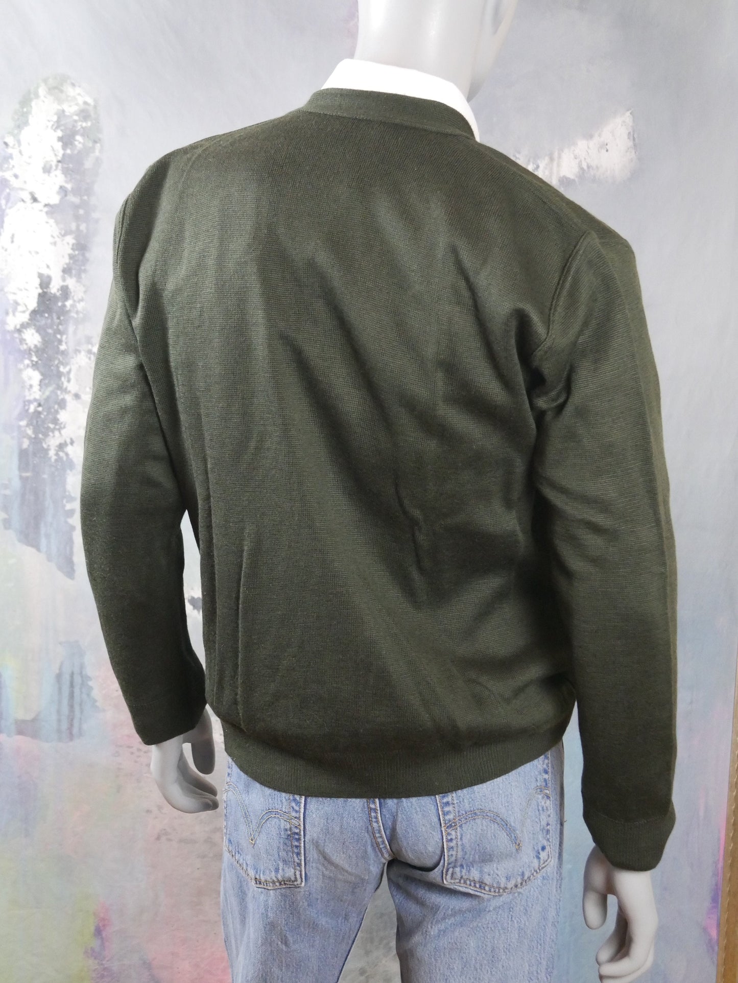 1980s Olive Green Cardigan | Italian Vintage V-Neck Merino Wool Blend Sweater | Large