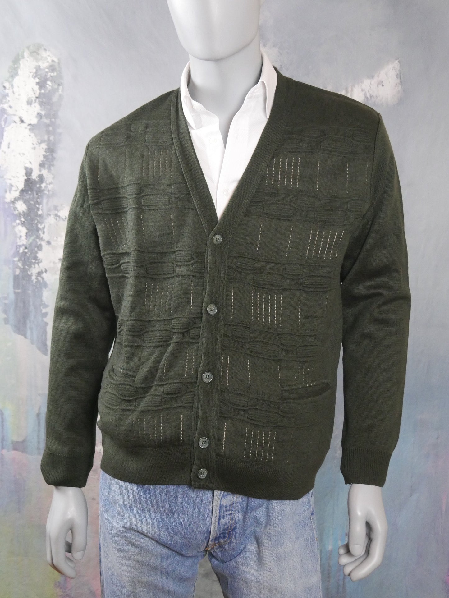 1980s Olive Green Cardigan | Italian Vintage V-Neck Merino Wool Blend Sweater | Large