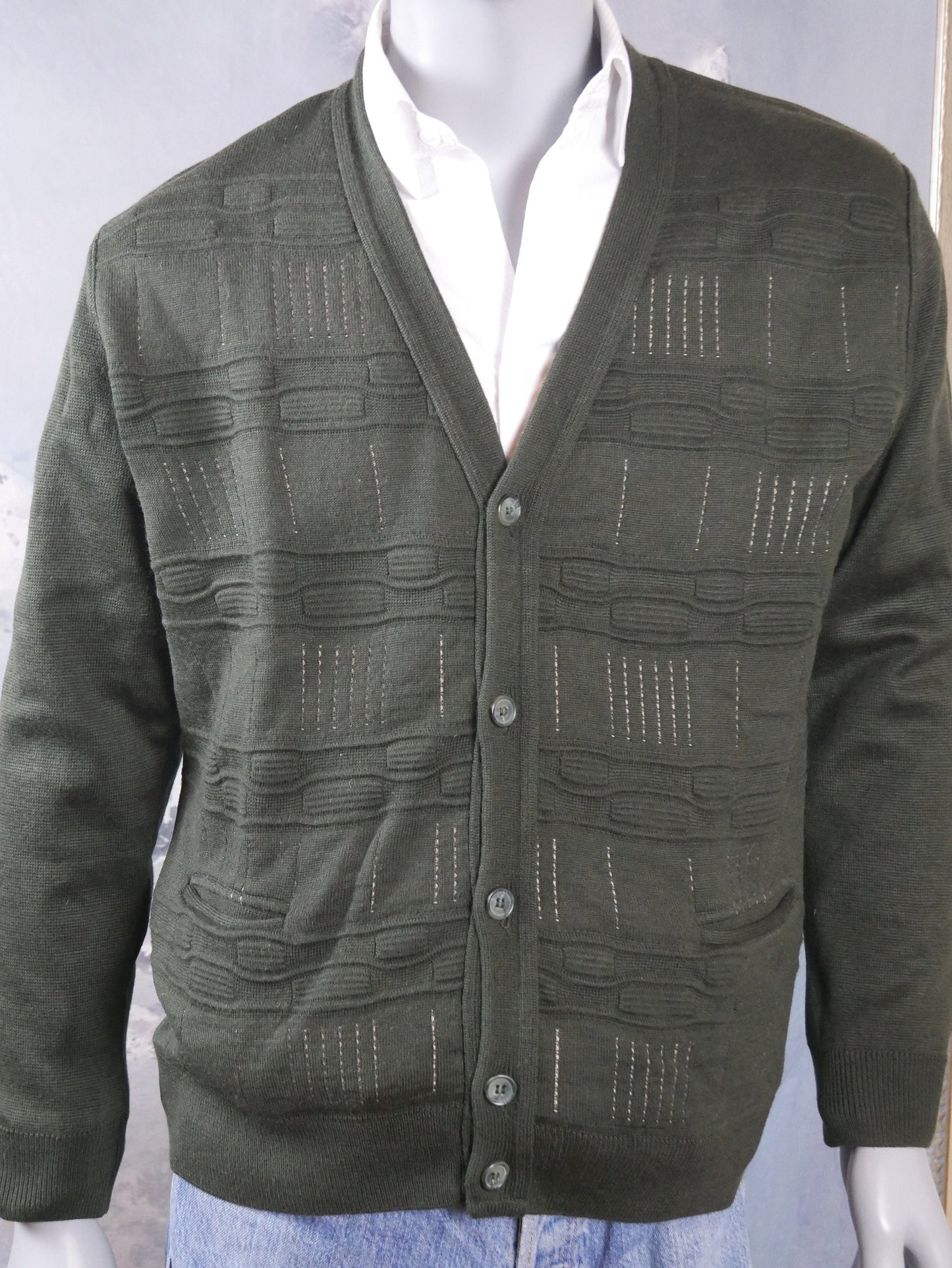 1980s Olive Green Cardigan | Italian Vintage V-Neck Merino Wool Blend Sweater | Large
