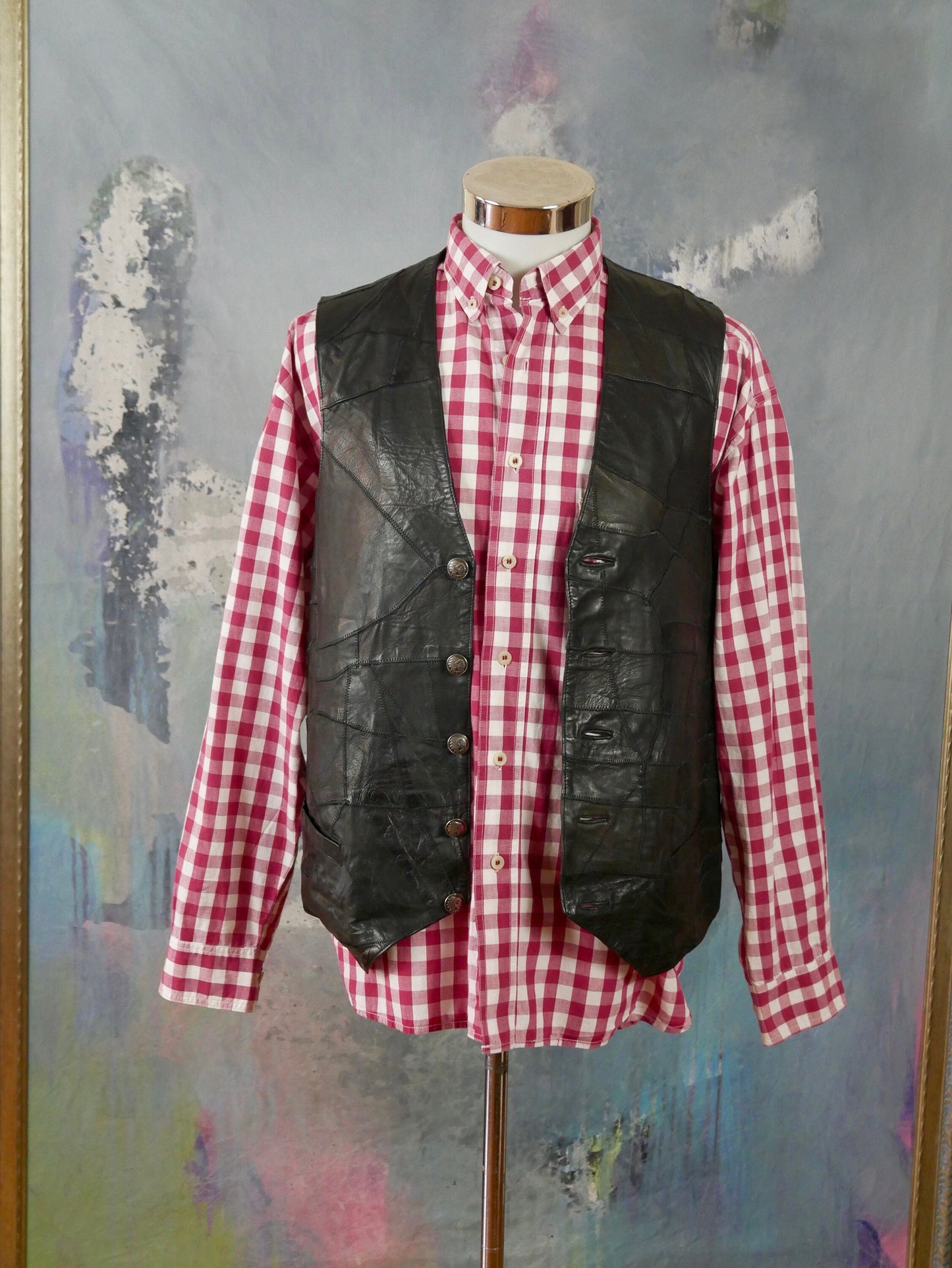 1990s Vintage Black Patchwork Leather Vest | Large