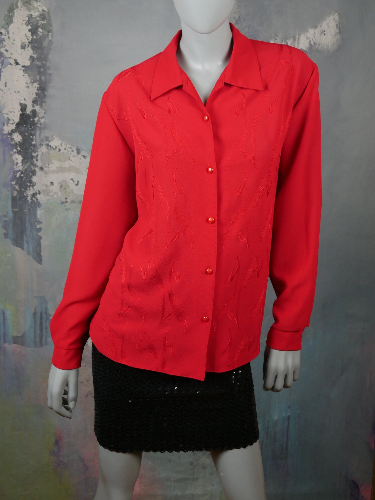 1980s Vintage Red Blouse | European Long-Sleeve Shirt Style Top | Extra Large