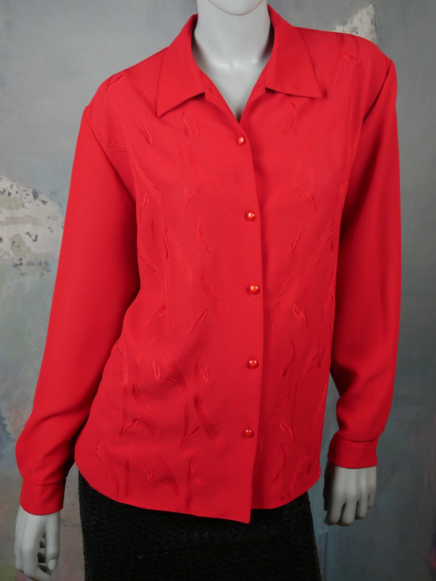 1980s Vintage Red Blouse | European Long-Sleeve Shirt Style Top | Extra Large