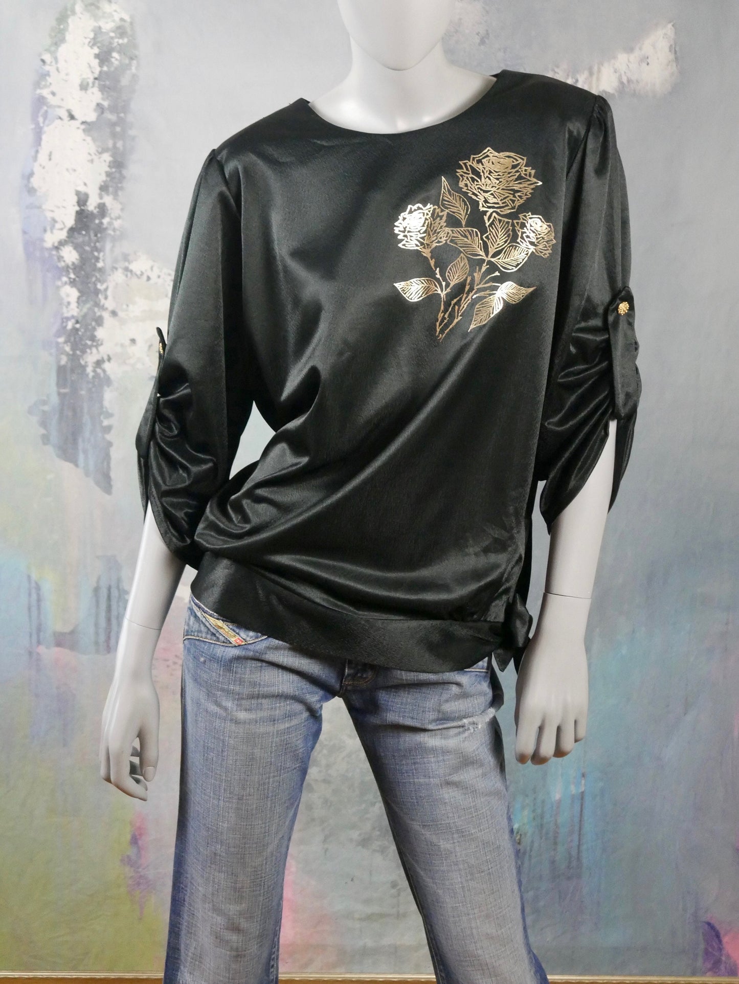 1980s Black Satin Top | Swedish Vintage Slip-On Pullover Blouse w Gold Painted Floral Feature | Large