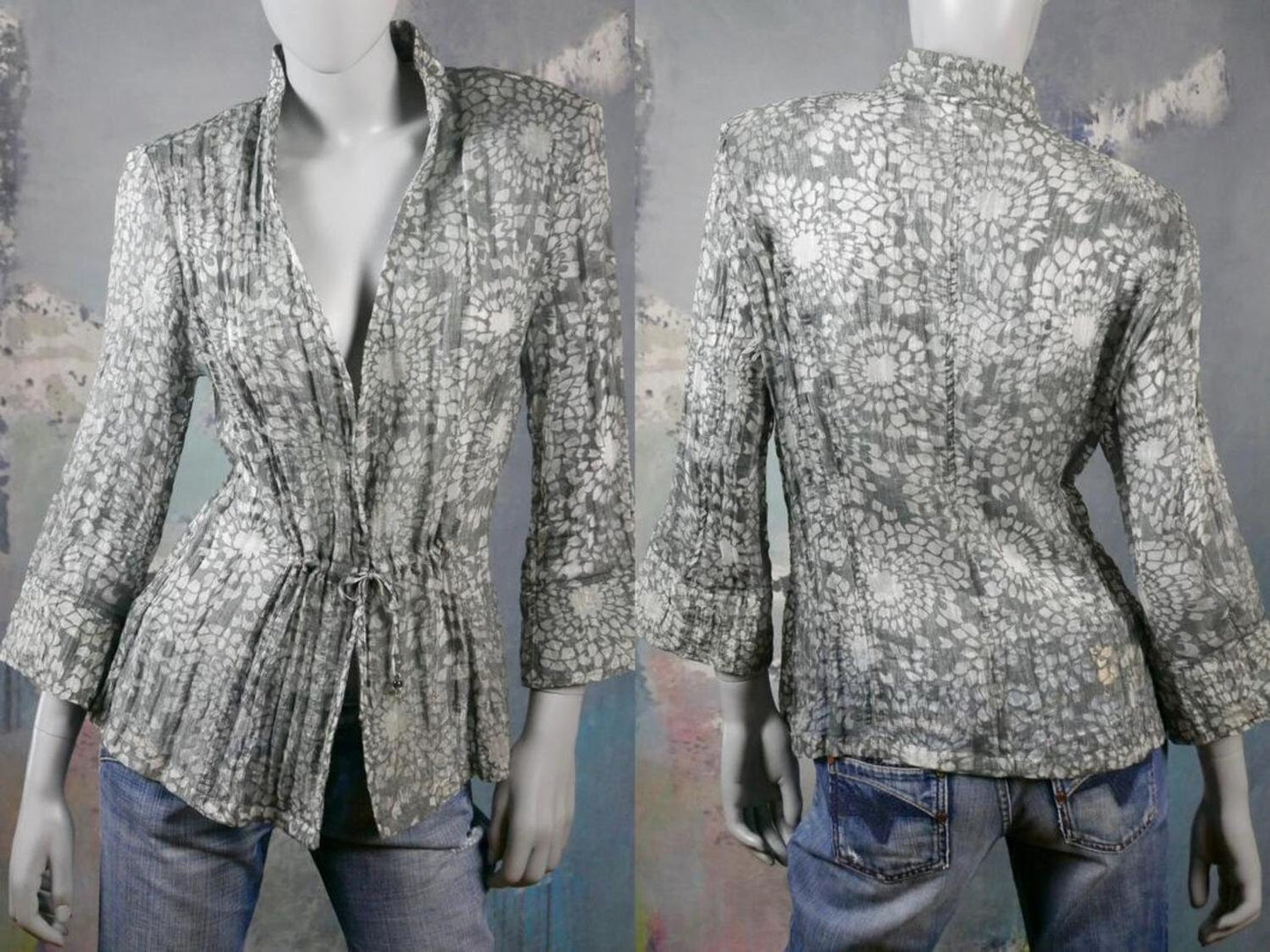 1990s Silver Blouse | Danish Vintage Front-Tie Silver & Gray Abstract Pattern Top | Large