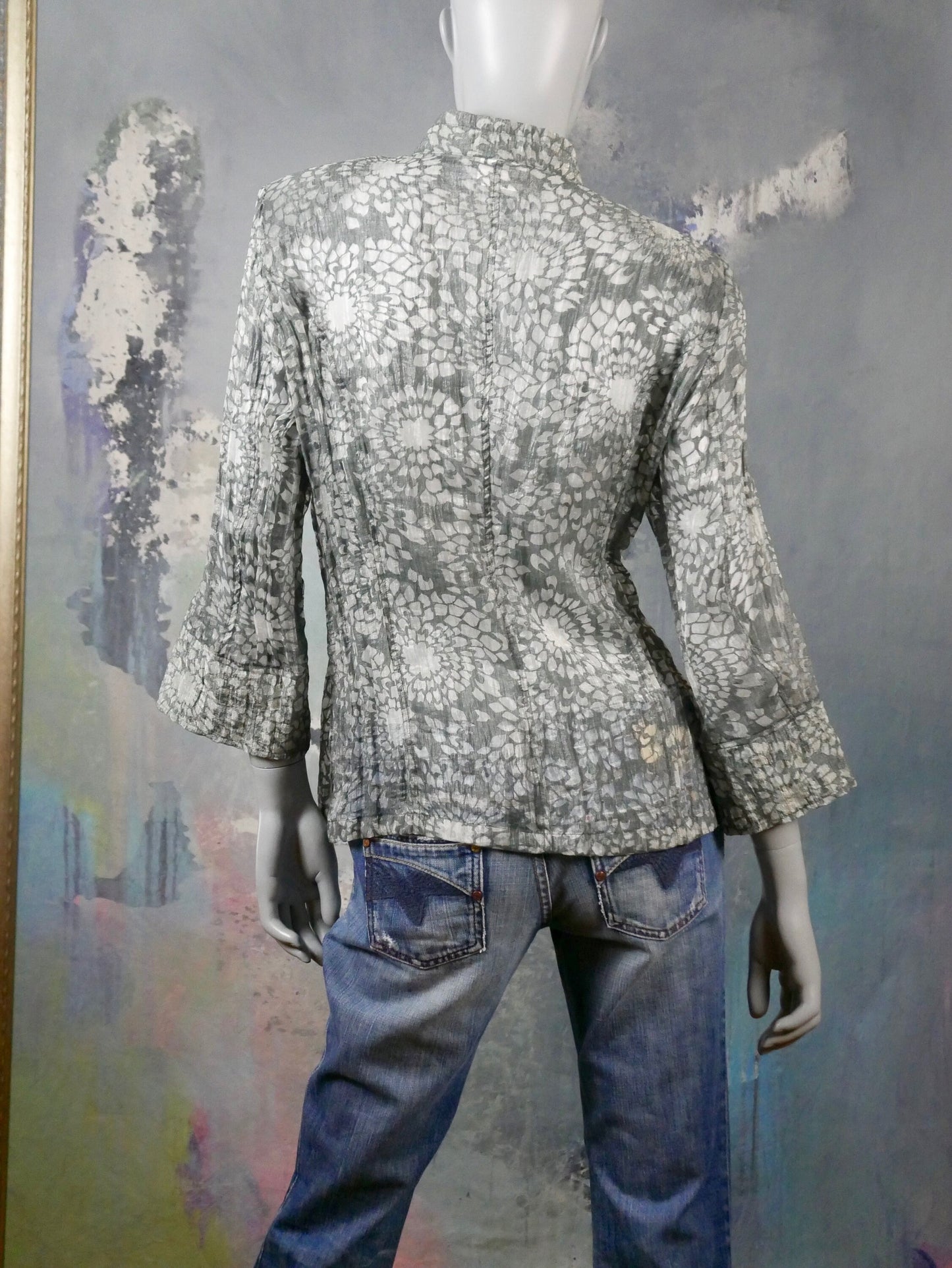 1990s Silver Blouse | Danish Vintage Front-Tie Silver & Gray Abstract Pattern Top | Large
