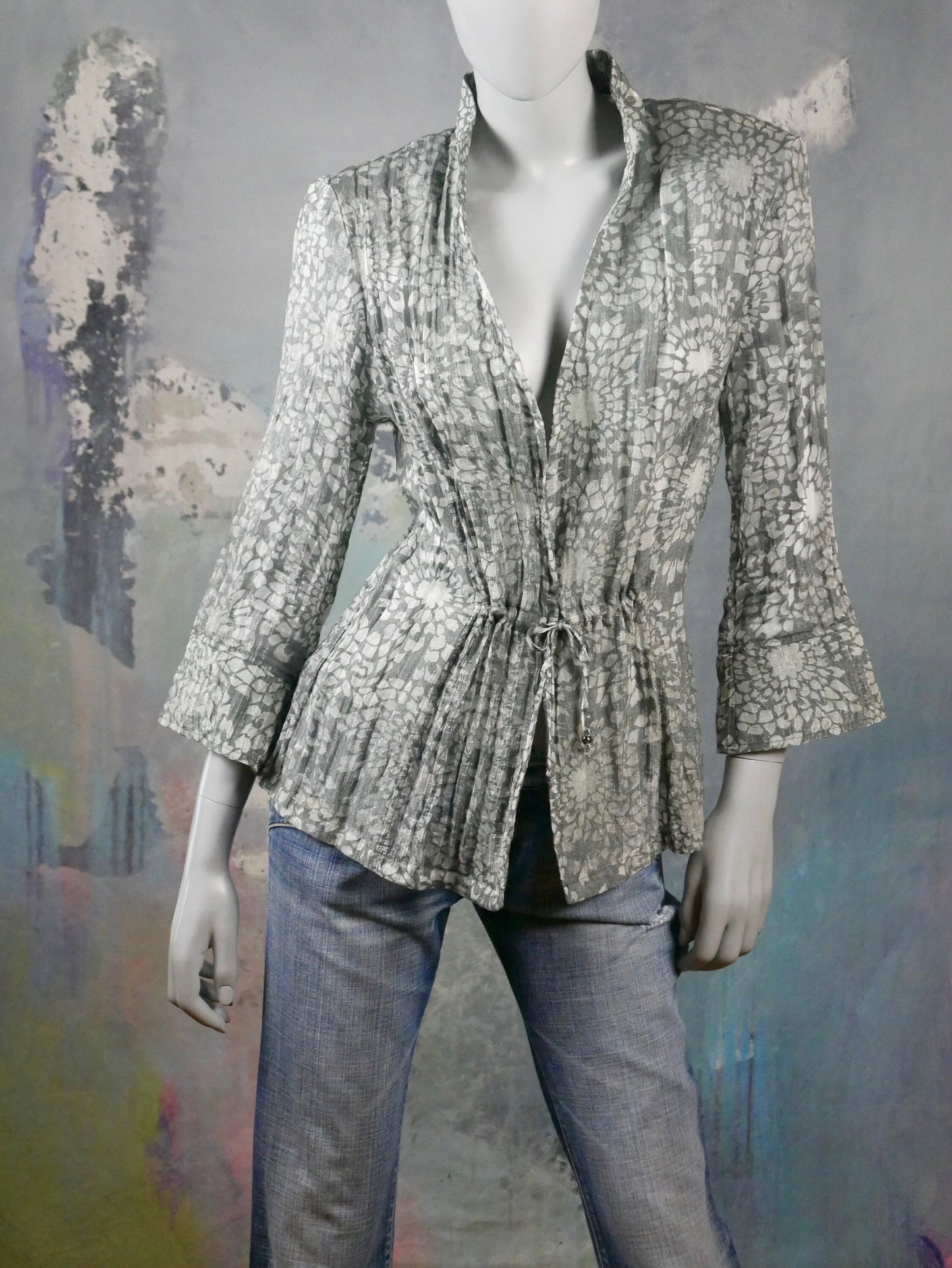 1990s Silver Blouse | Danish Vintage Front-Tie Silver & Gray Abstract Pattern Top | Large