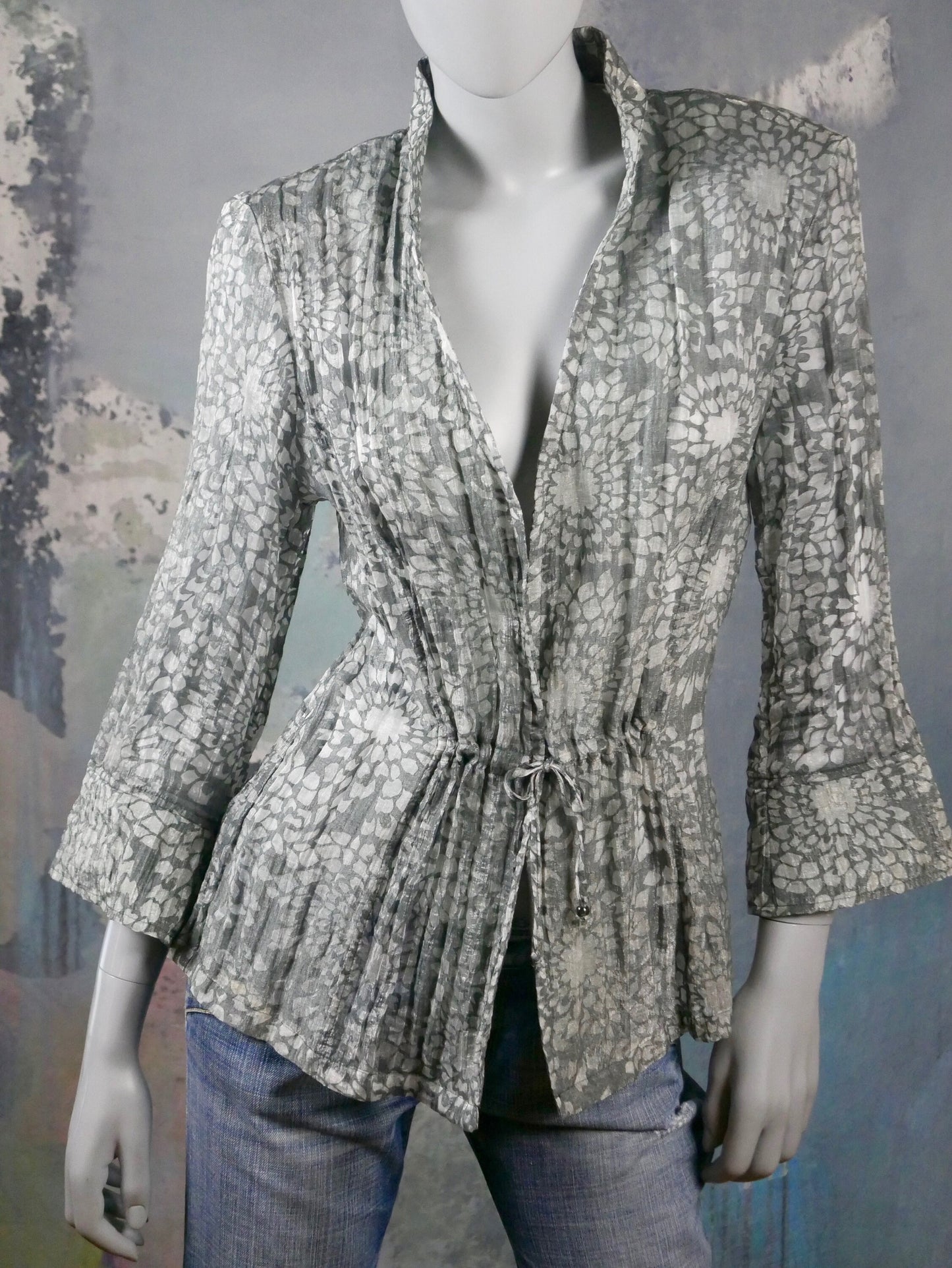 1990s Silver Blouse | Danish Vintage Front-Tie Silver & Gray Abstract Pattern Top | Large