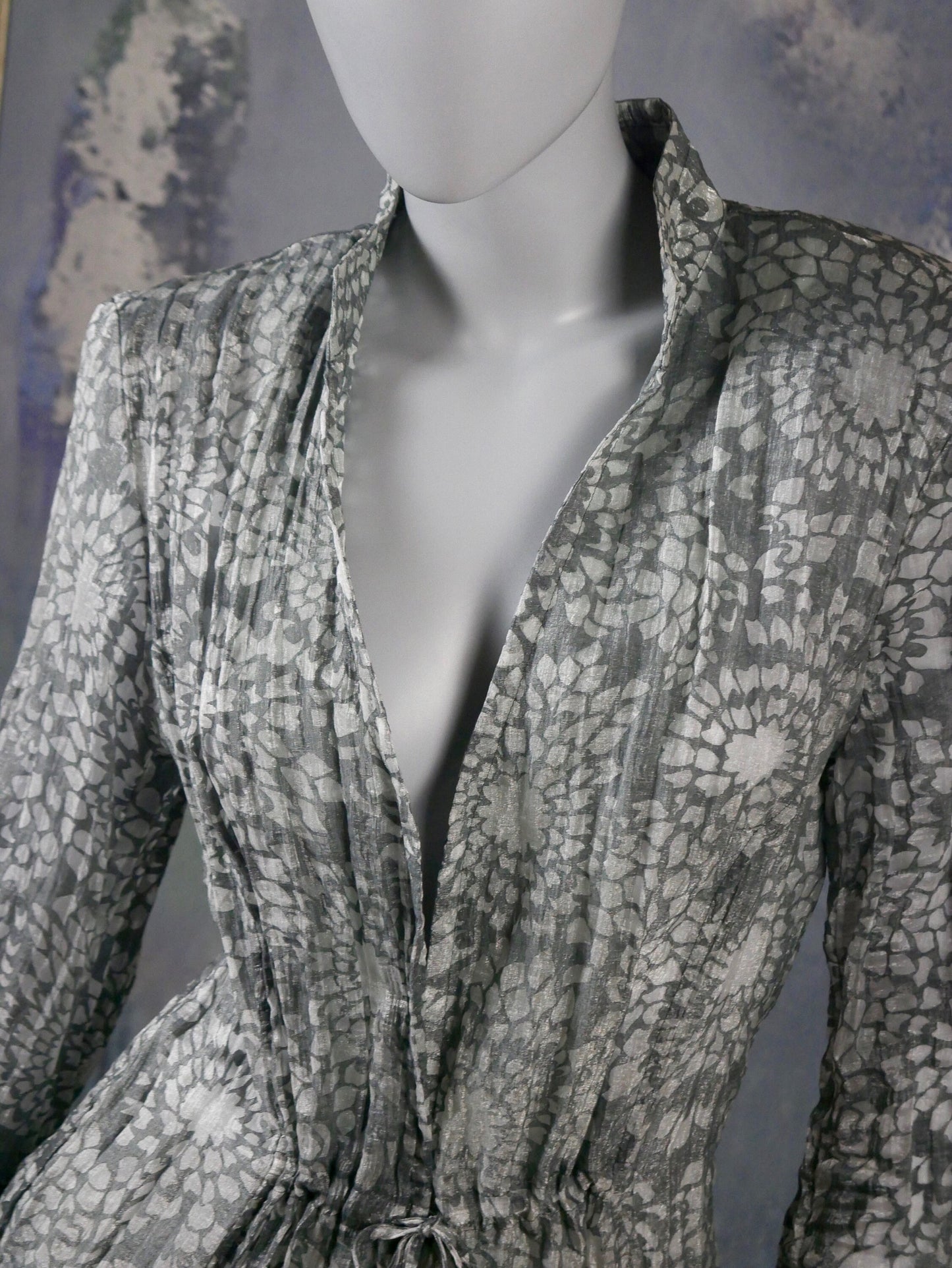 1990s Silver Blouse | Danish Vintage Front-Tie Silver & Gray Abstract Pattern Top | Large
