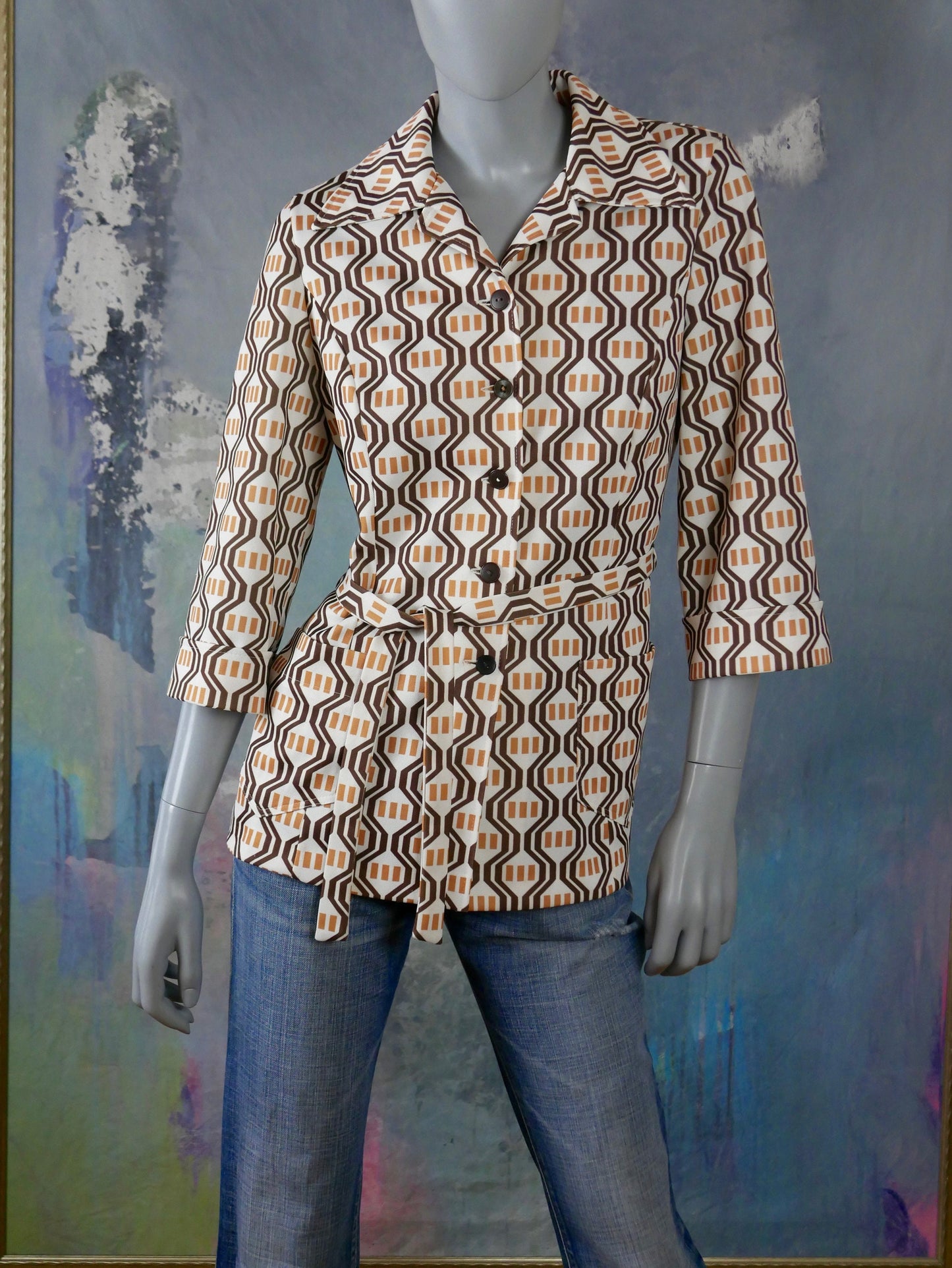 1970s Blazer Top | Cream Tan & Brown Three-Quarter Length Sleeve Wide Collar European Vintage Belted Jacket | Large