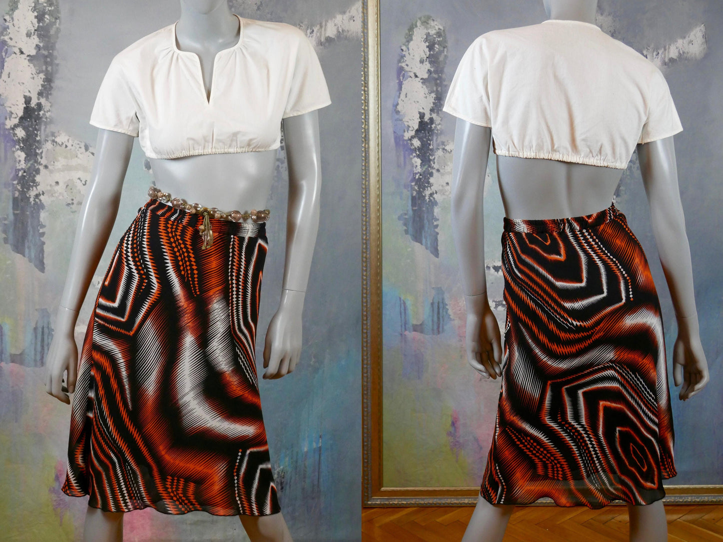 1990s Italian Abstract Skirt | Black Orange White Op Art Pattern Skirt | Medium