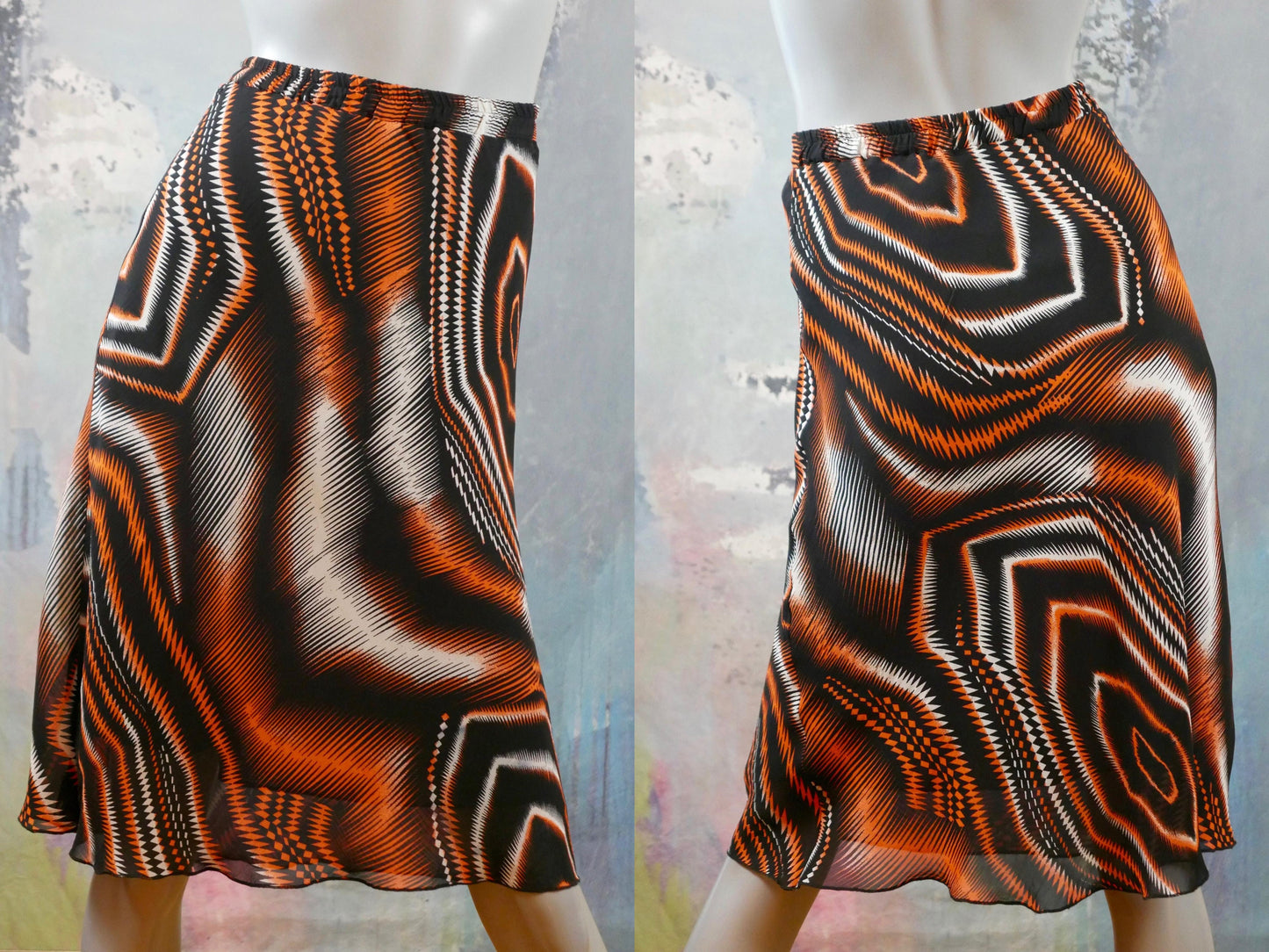 1990s Italian Abstract Skirt | Black Orange White Op Art Pattern Skirt | Medium