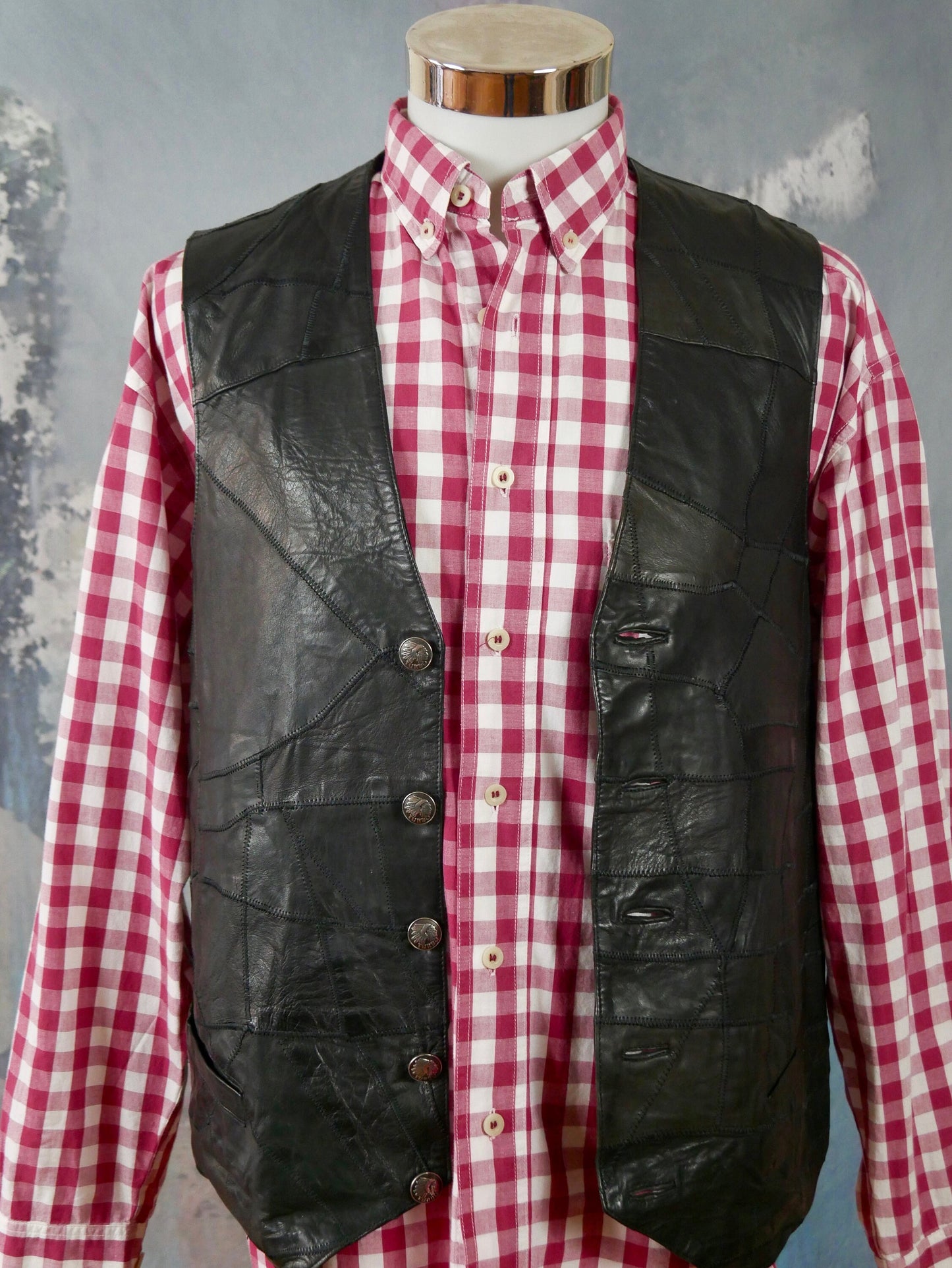 1990s Vintage Black Patchwork Leather Vest | Large