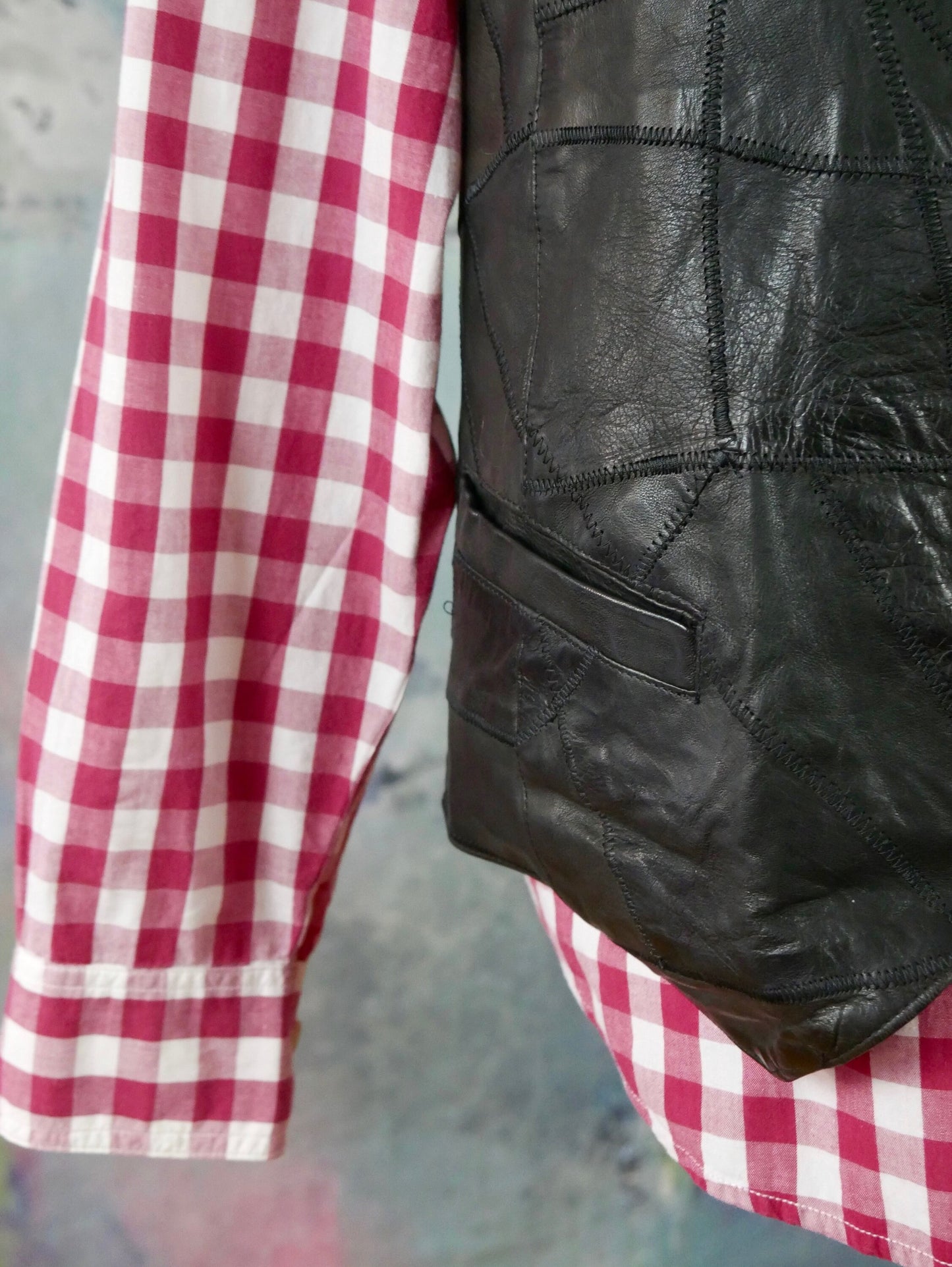 1990s Vintage Black Patchwork Leather Vest | Large