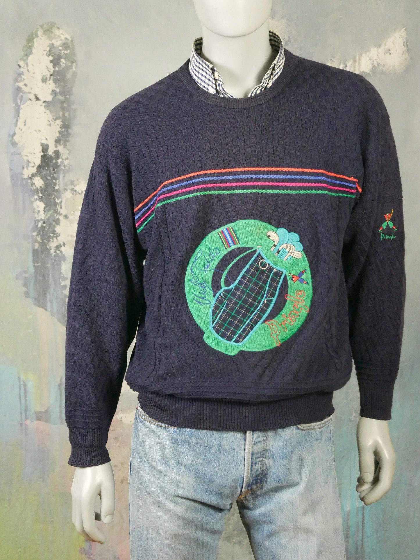 1980s Vintage Golf Sweater | Nick Faldo Pringle of Scotland Blue Lightweight Cotton Pullover | Large
