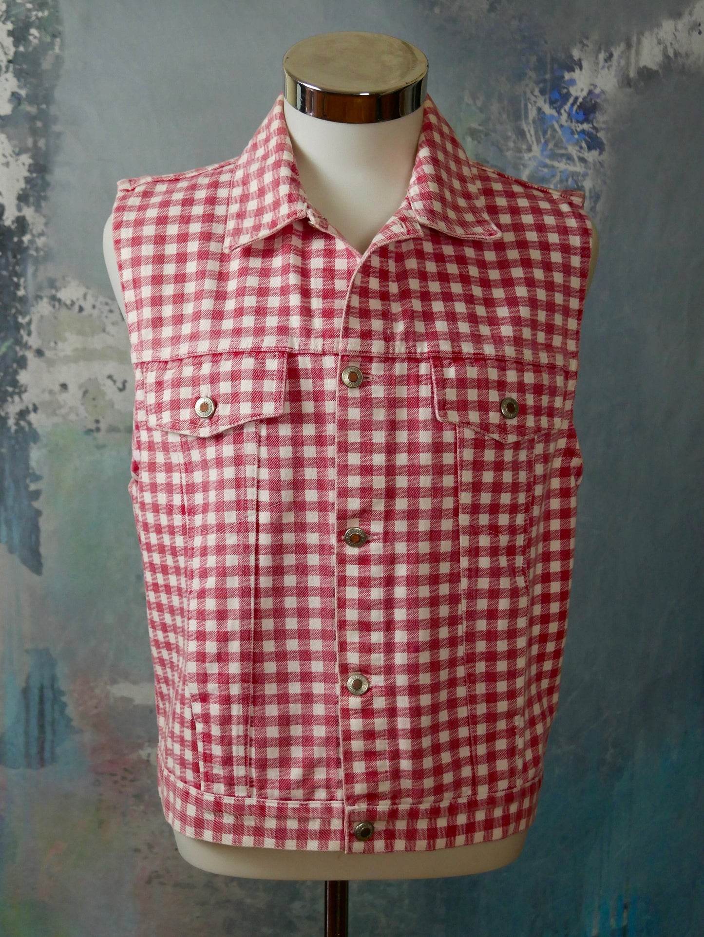 1990s Cotton Vest | Red & White Tablecloth Check Collared Button-Down Waistcoat | Medium to Large