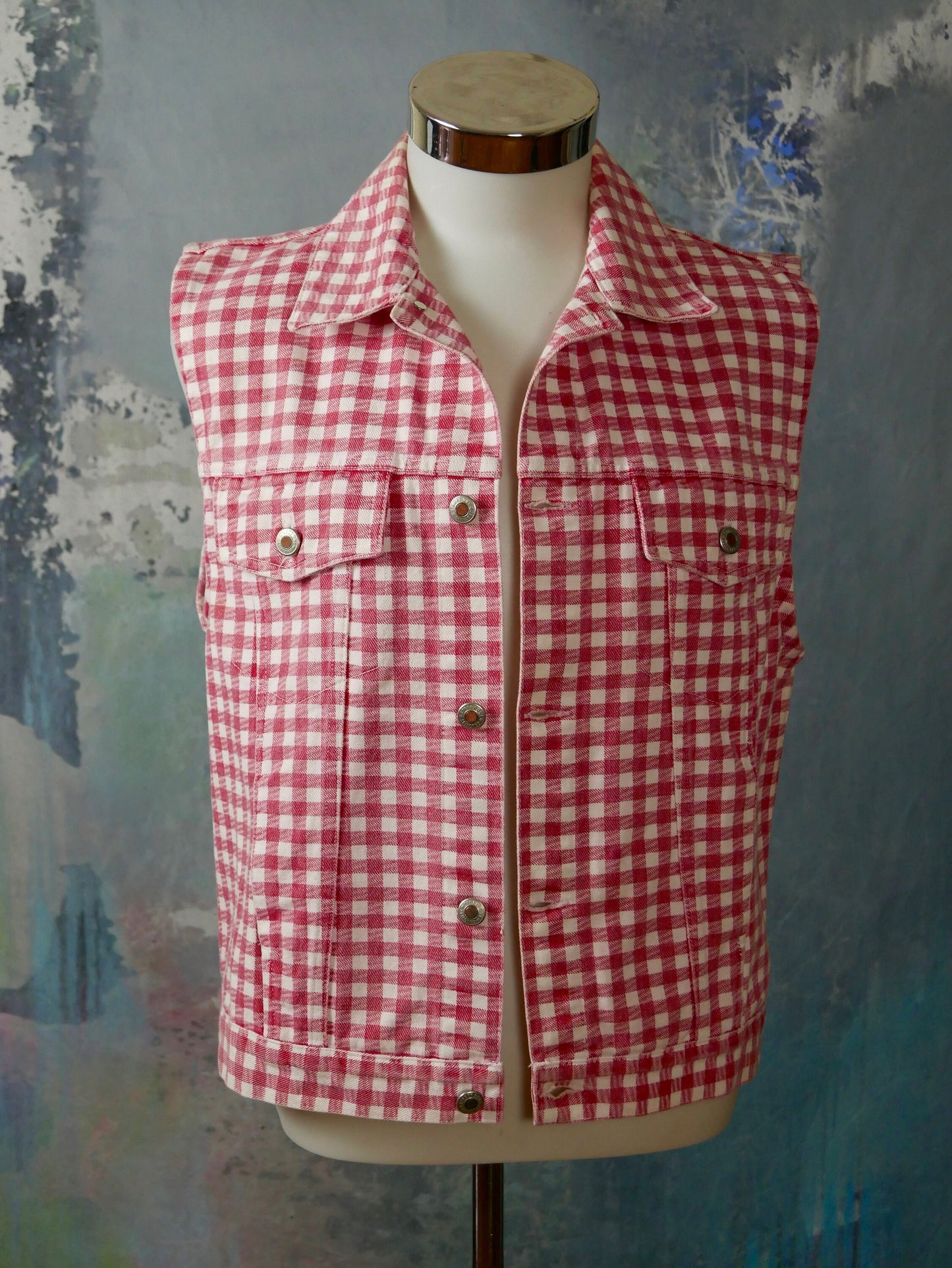 1990s Cotton Vest | Red & White Tablecloth Check Collared Button-Down Waistcoat | Medium to Large