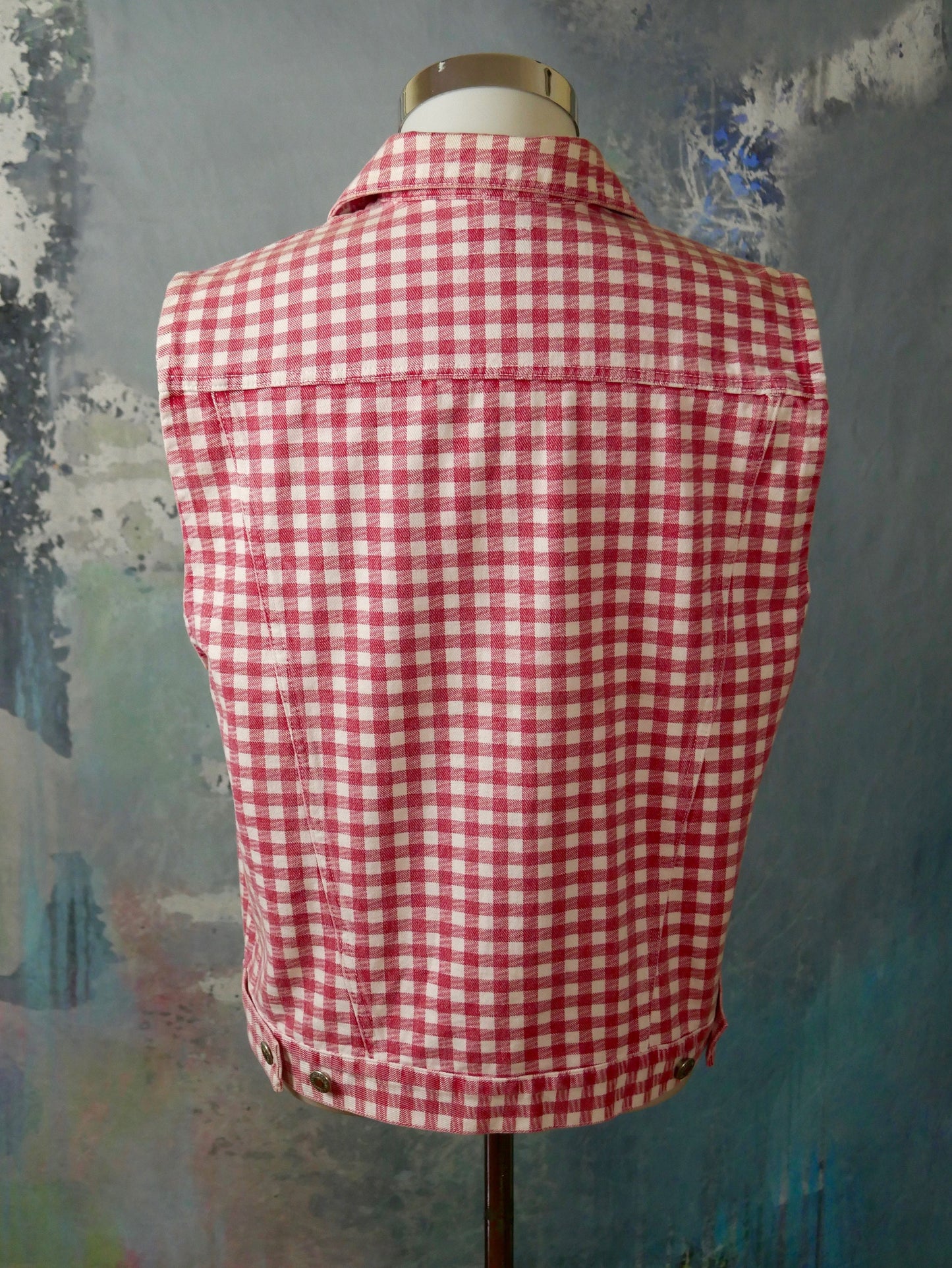 1990s Cotton Vest | Red & White Tablecloth Check Collared Button-Down Waistcoat | Medium to Large