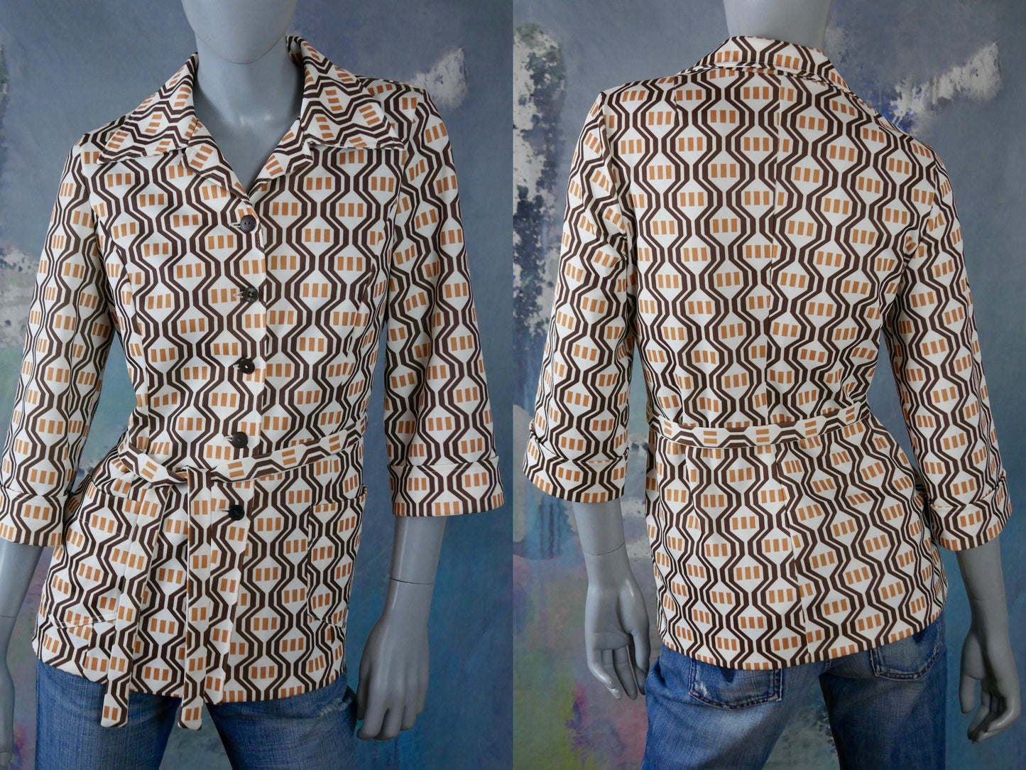 1970s Blazer Top | Cream Tan & Brown Three-Quarter Length Sleeve Wide Collar European Vintage Belted Jacket | Large
