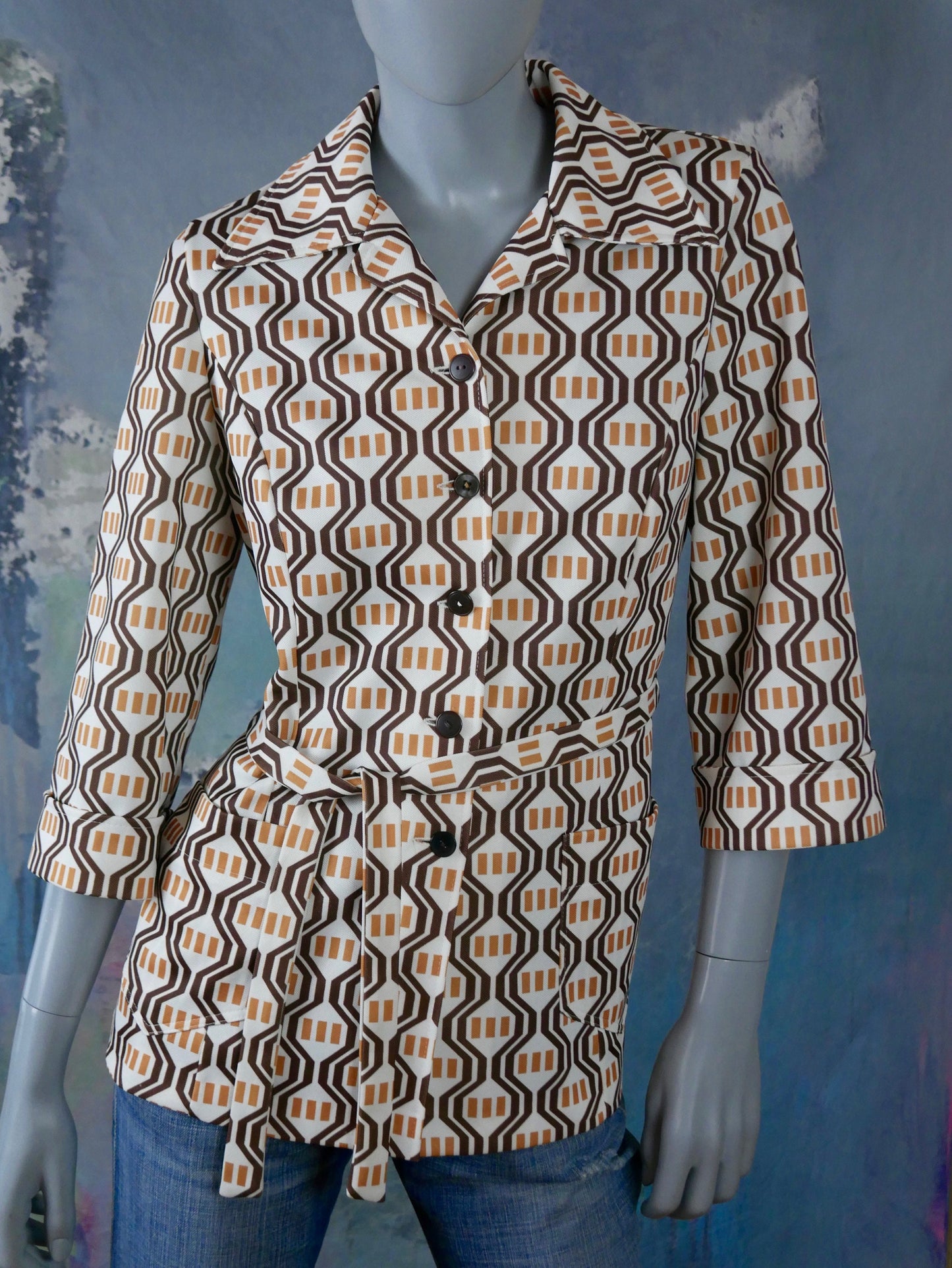 1970s Blazer Top | Cream Tan & Brown Three-Quarter Length Sleeve Wide Collar European Vintage Belted Jacket | Large