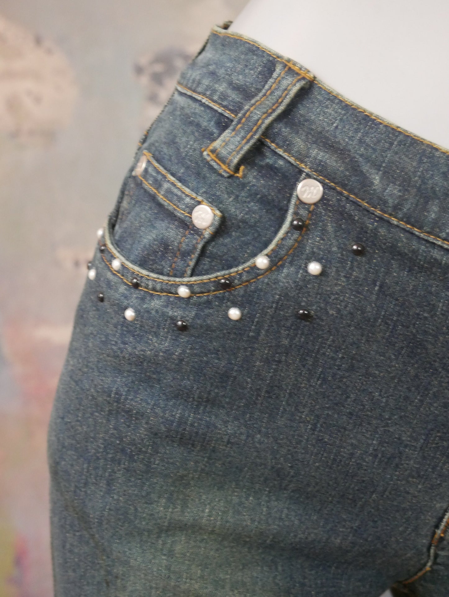1990s Denim Flared Pants | European Vintage Soft Fade Blue Jeans w Beads Sequins & Pearls | Small