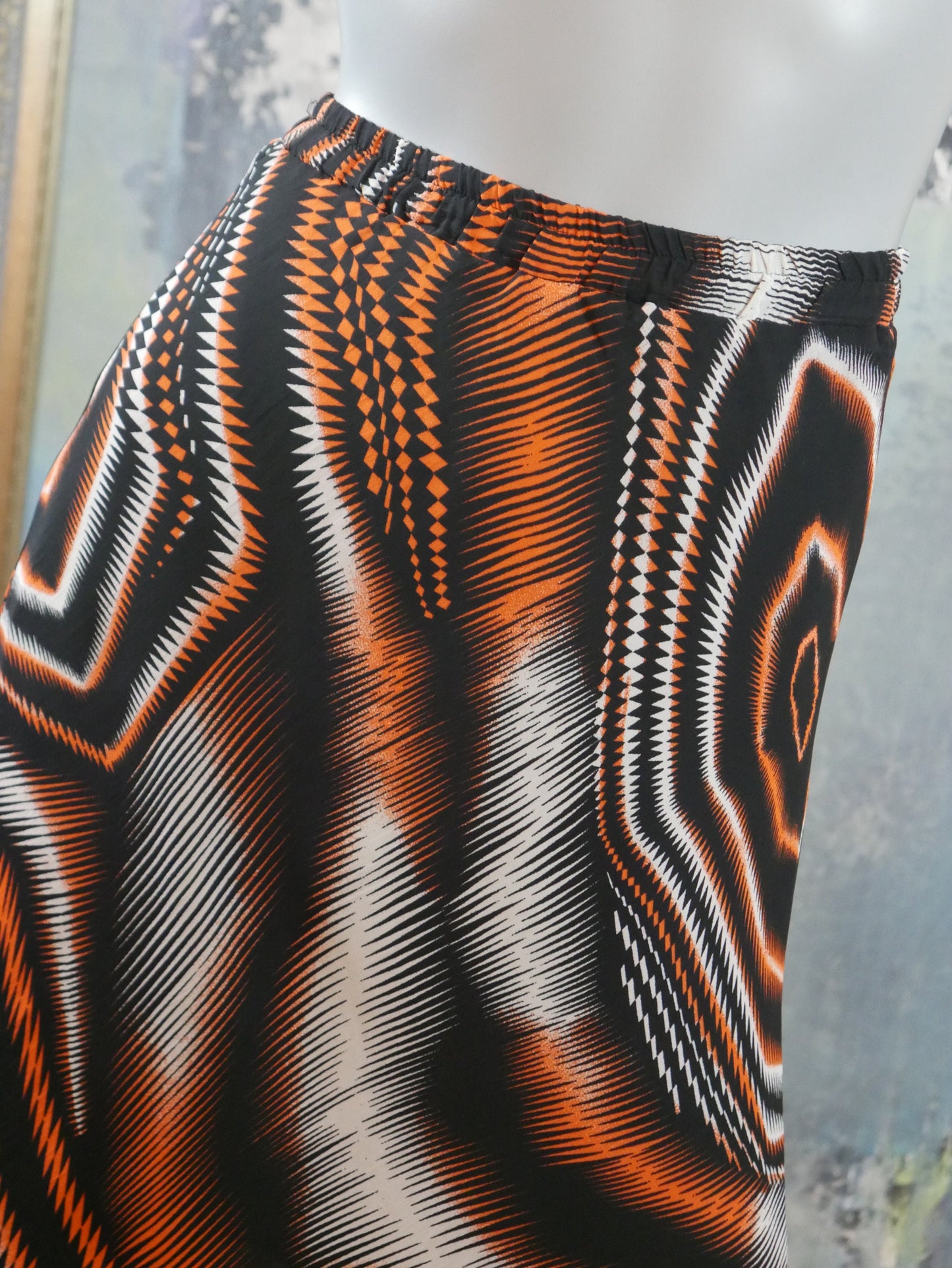 1990s Italian Abstract Skirt | Black Orange White Op Art Pattern Skirt | Medium