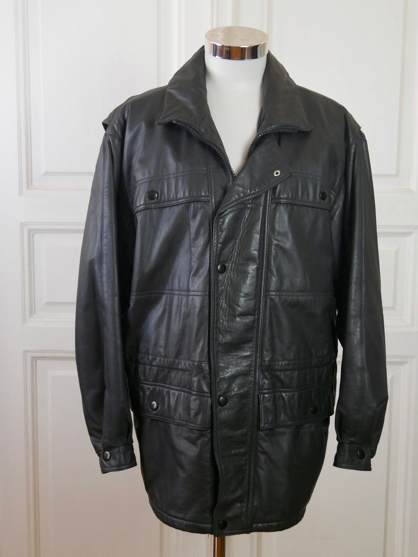 1980s Vintage Black Leather Coat | Eastern European Style | Size Extra Large