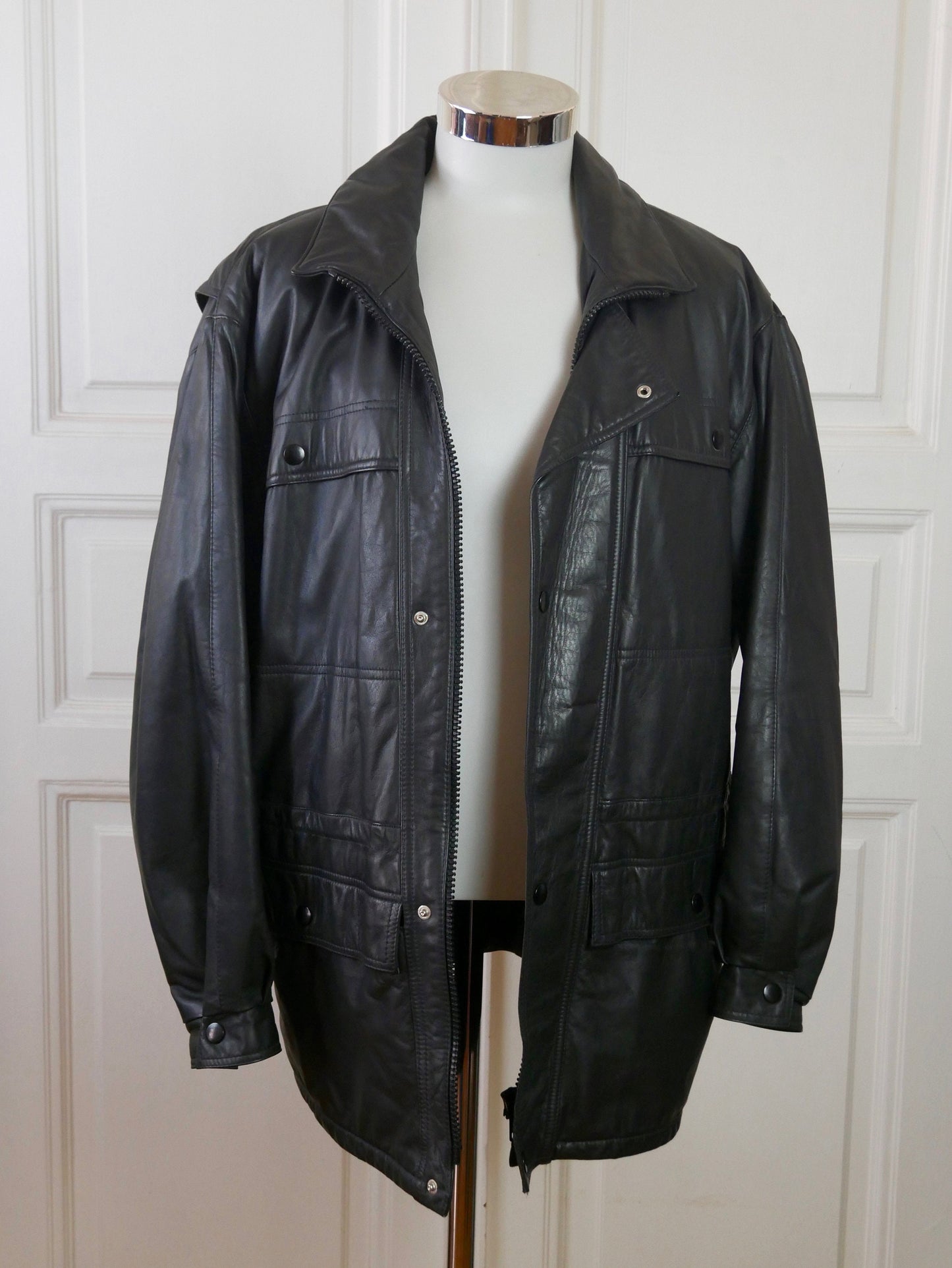 1980s Vintage Black Leather Coat | Eastern European Style | Size Extra Large